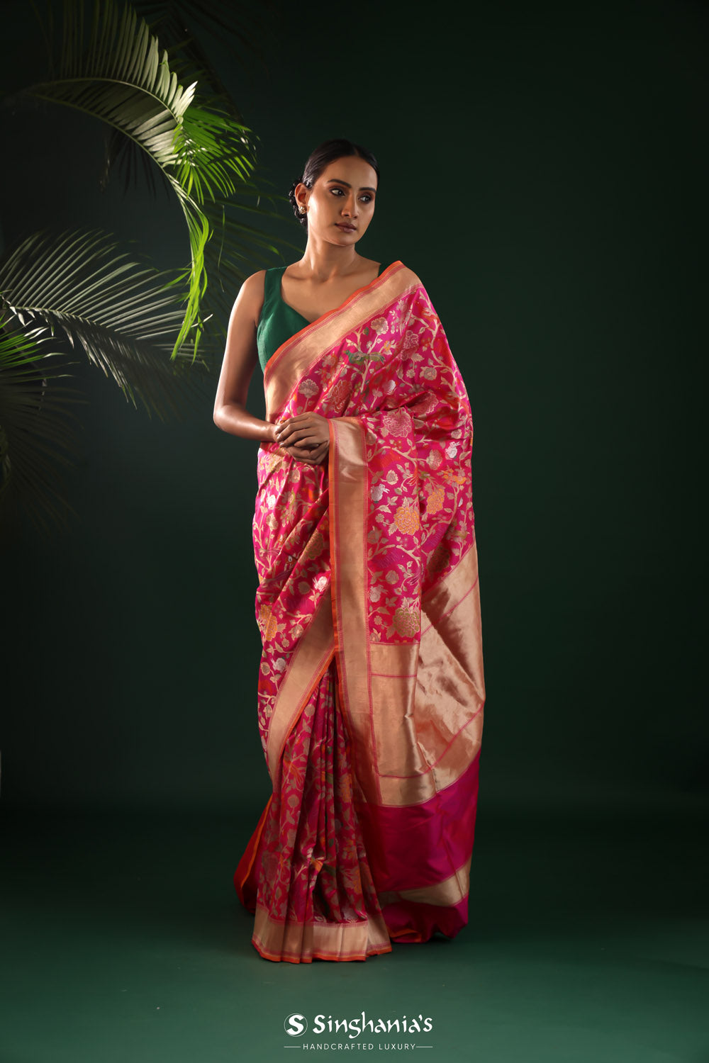 Hot Pink Banarasi Silk Saree With Flora-Fauna Motifs