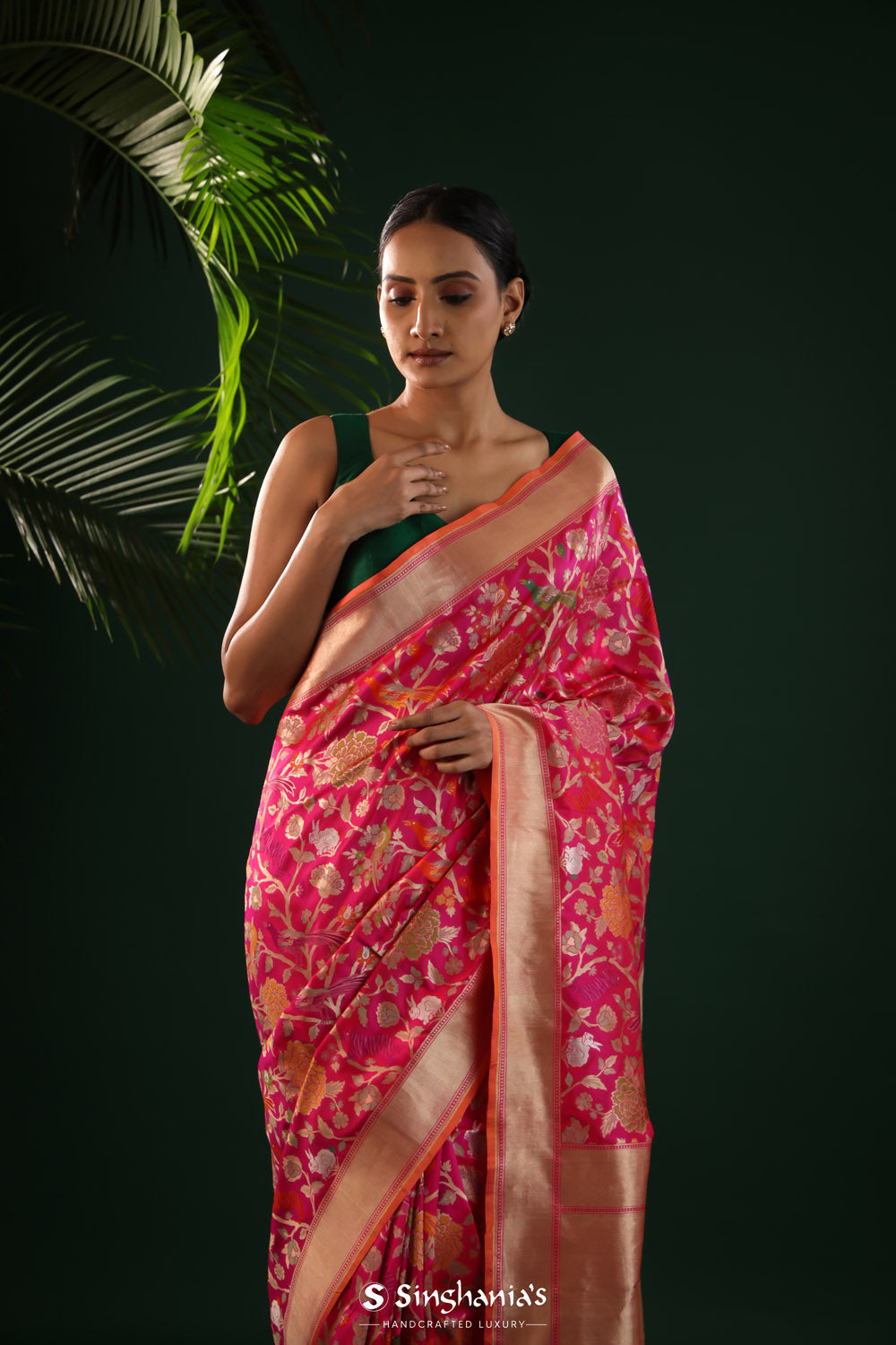 Hot Pink Banarasi Silk Saree With Flora-Fauna Motifs