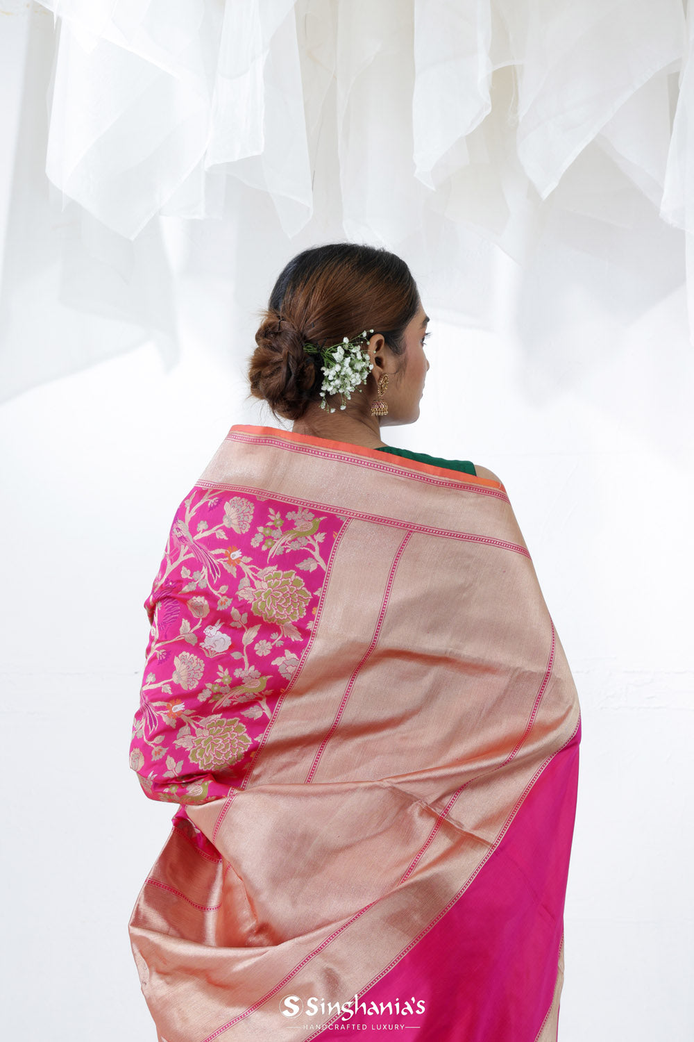 Bright Pink Banarasi Silk Saree With Floral-Fauna Design