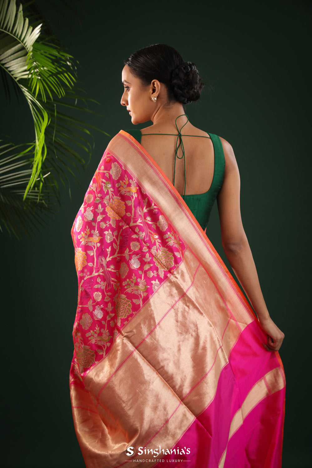 Hot Pink Banarasi Silk Saree With Flora-Fauna Motifs