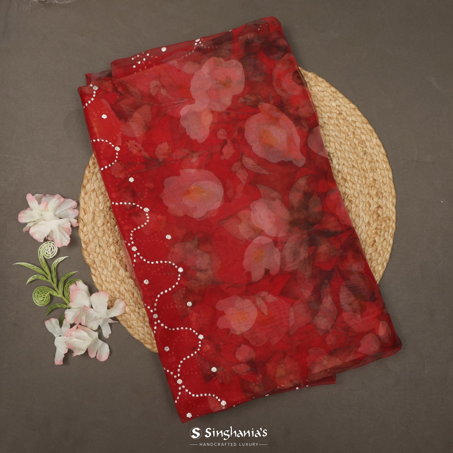 Crimson Red Printed Organza Saree With Floral Pattern