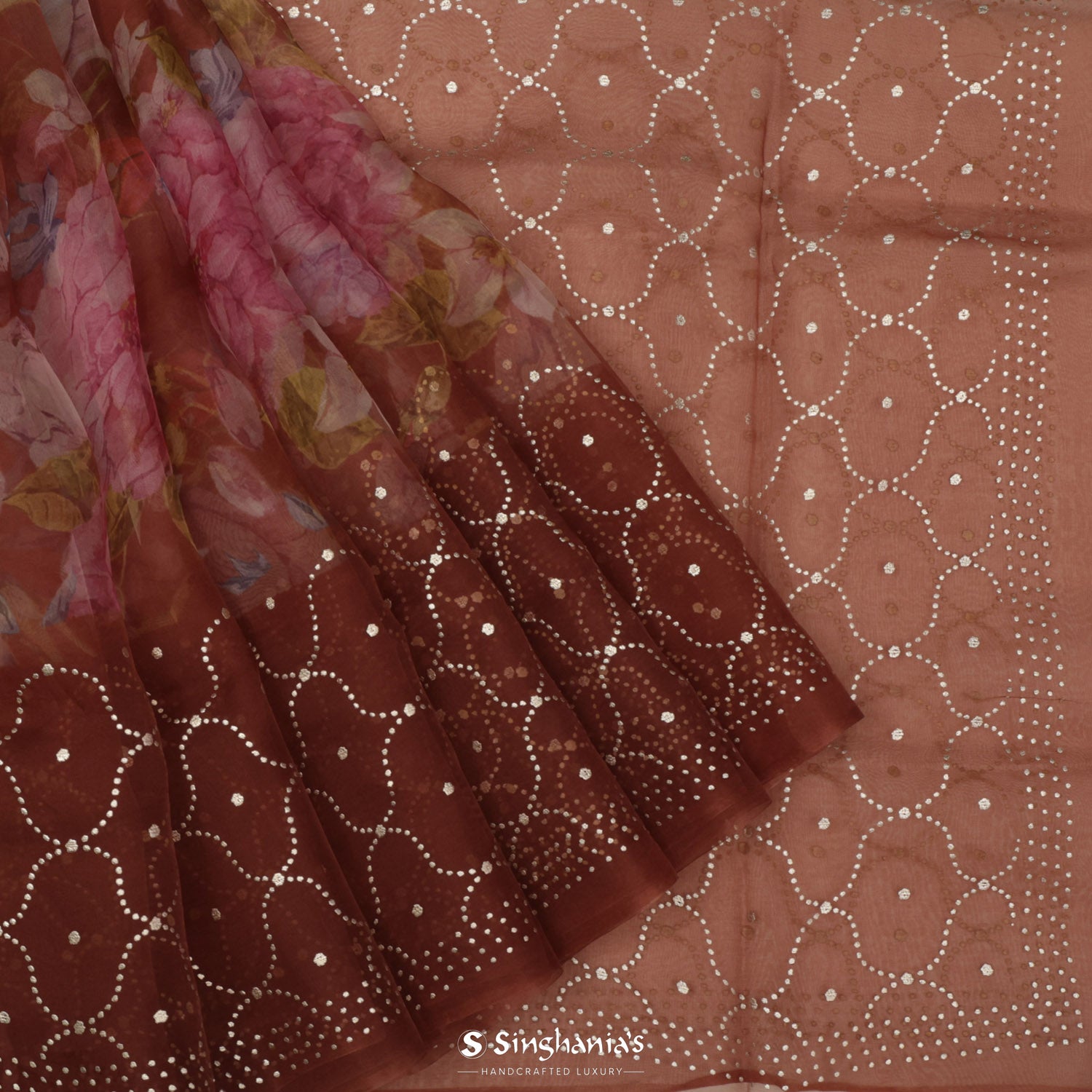 Henna Brown Printed Organza Saree With Mukaish Work