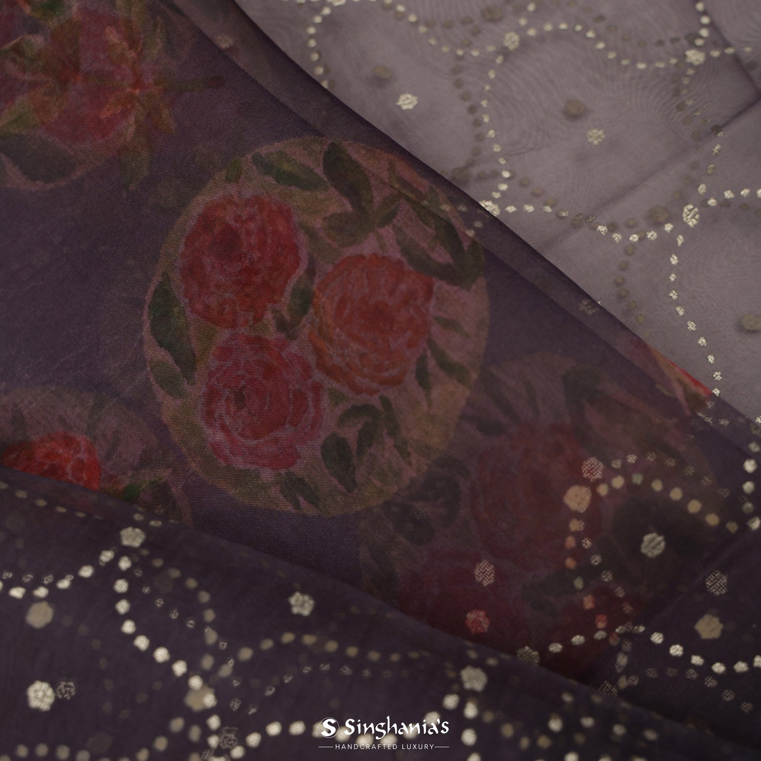 Old Lavender Printed Organza Saree With Floral Pattern