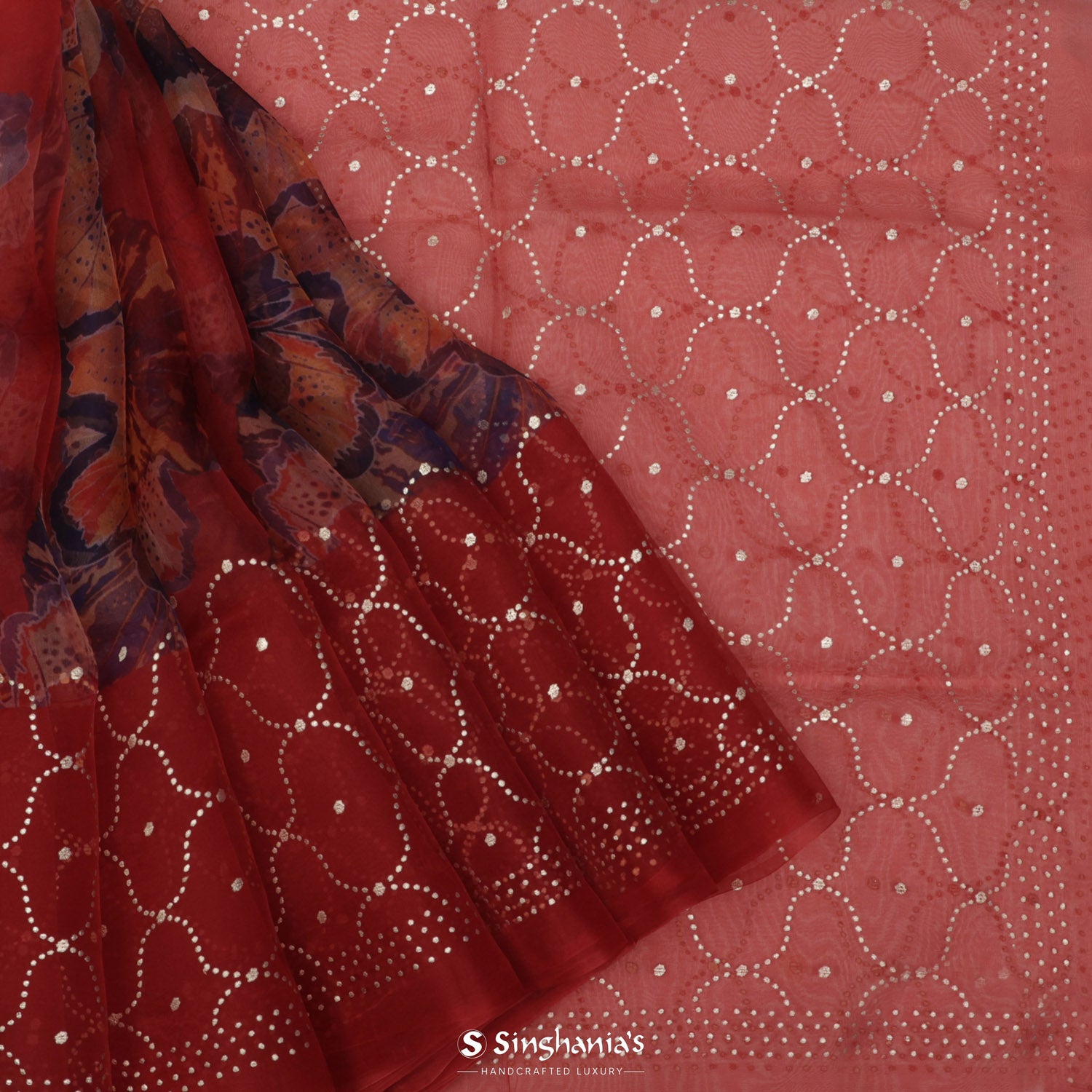 Auburn Red Printed Organza Saree With Mukaish Work