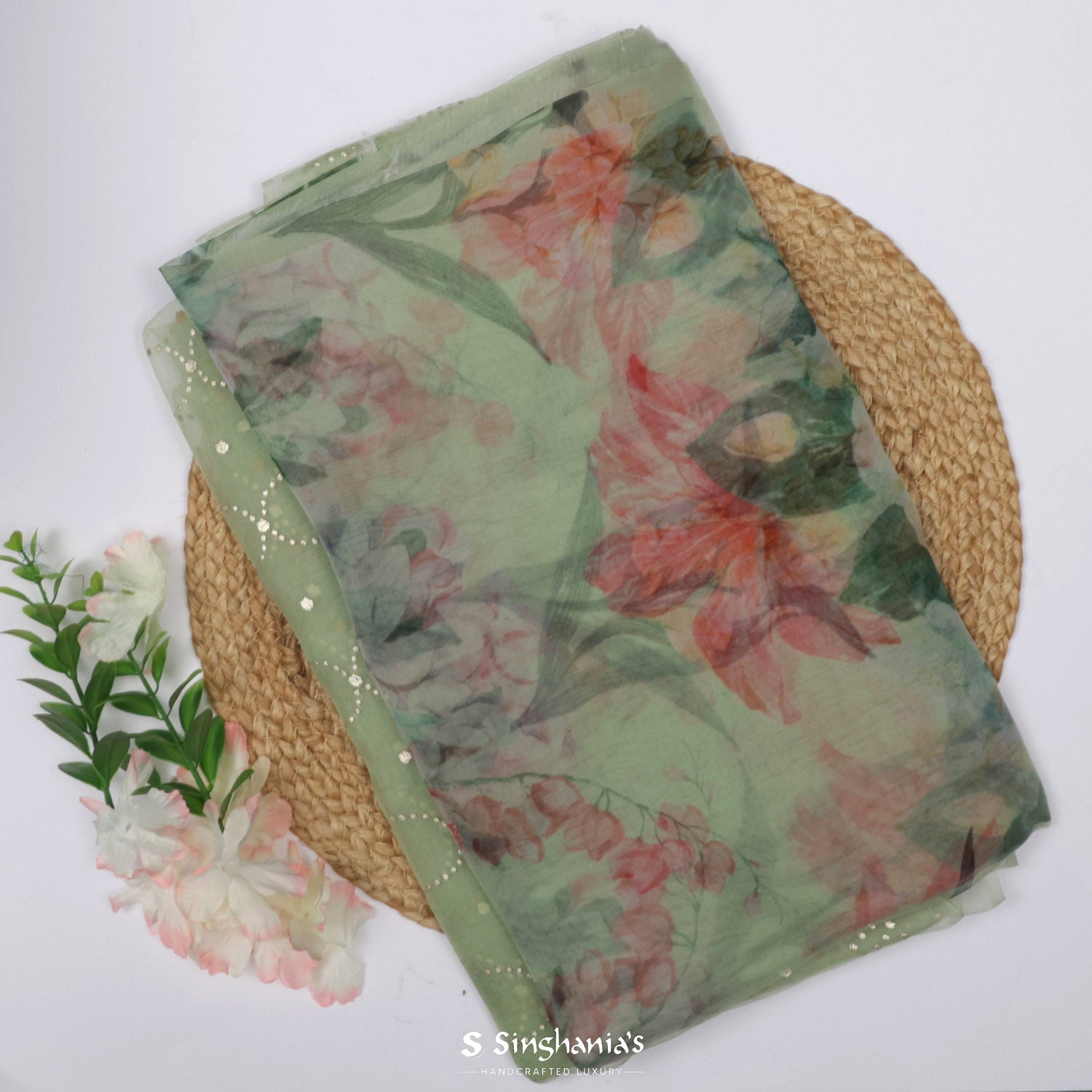 Gin Green Printed Organza Saree With Floral Pattern