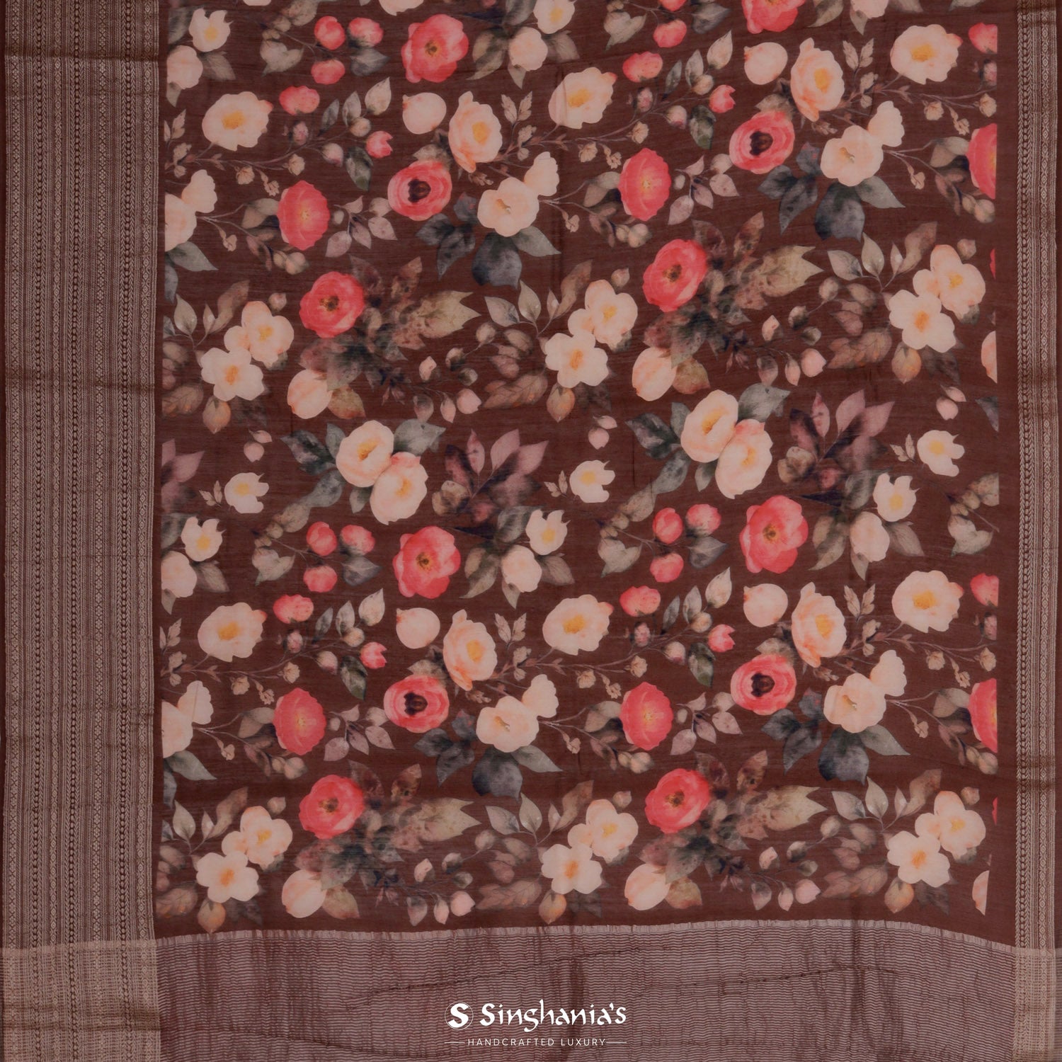 Coconut Brown Printed Moonga Saree With Floral Pattern