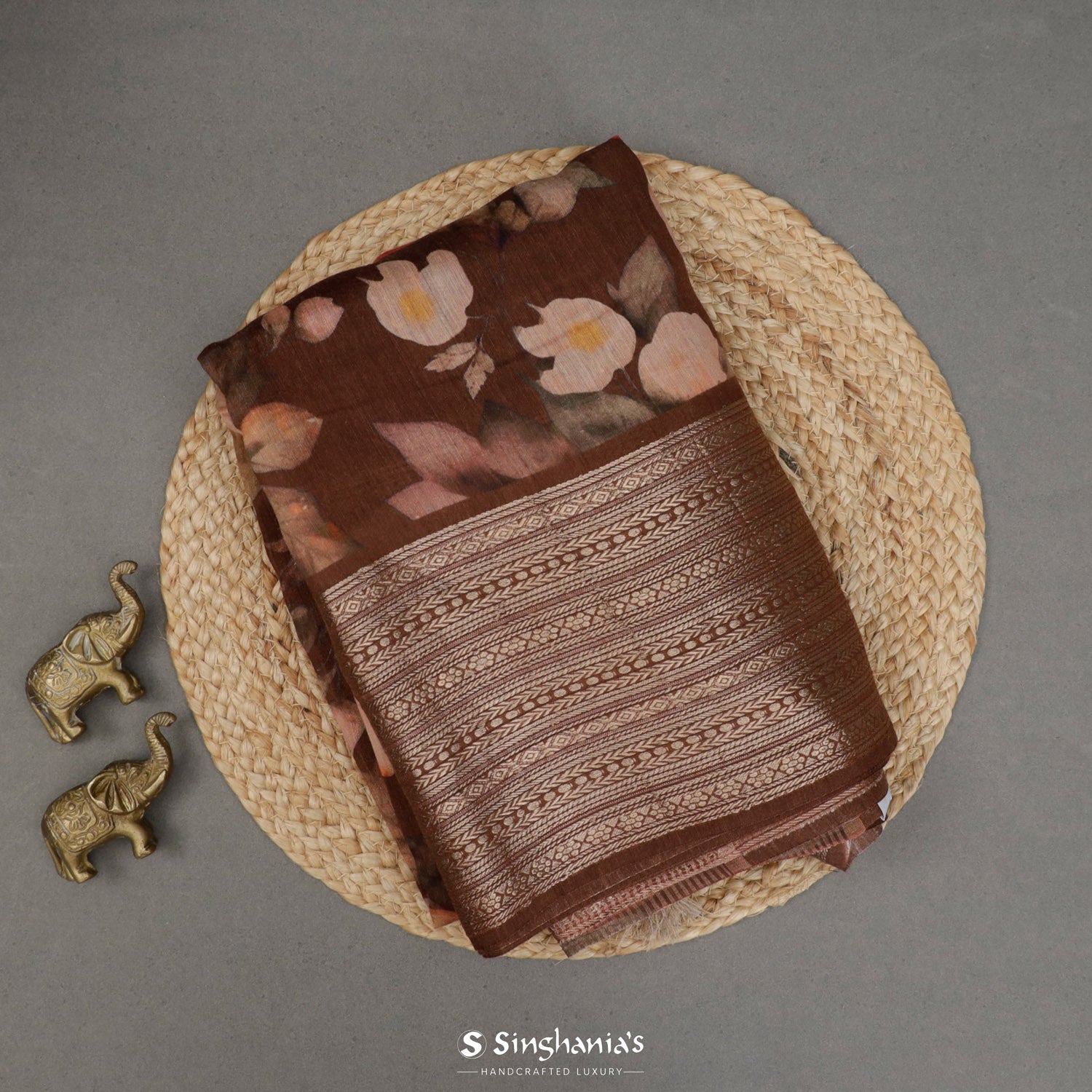 Coconut Brown Printed Moonga Saree With Floral Pattern