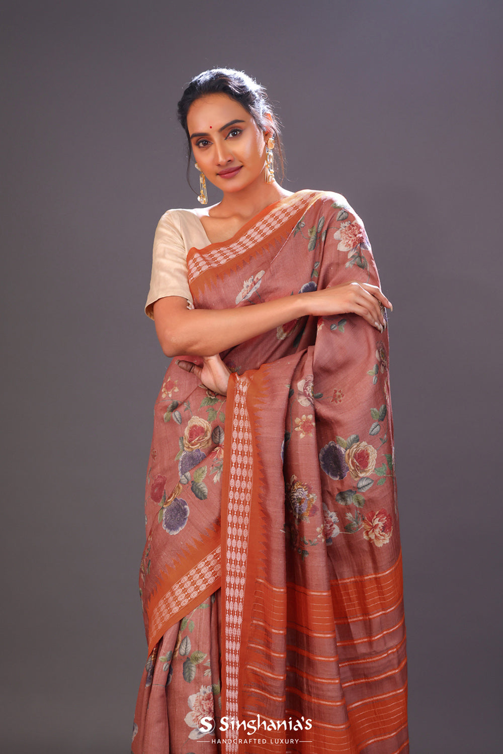 Chestnut Brown Printed Tussar Silk Saree