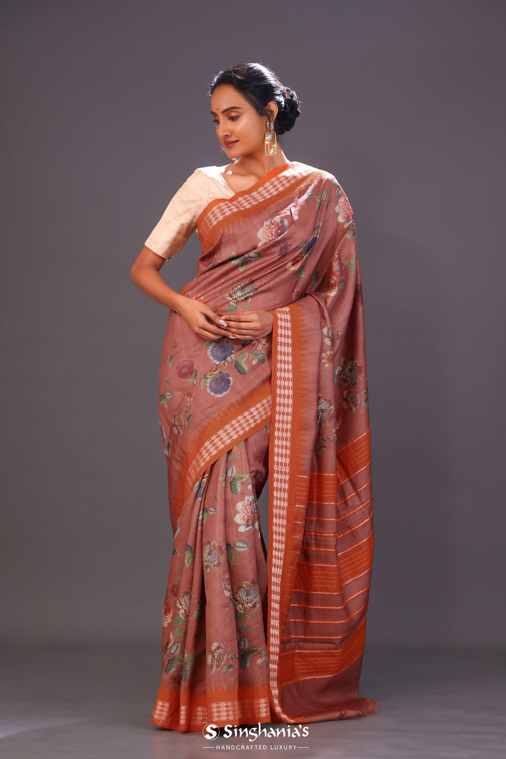 Chestnut Brown Printed Tussar Silk Saree