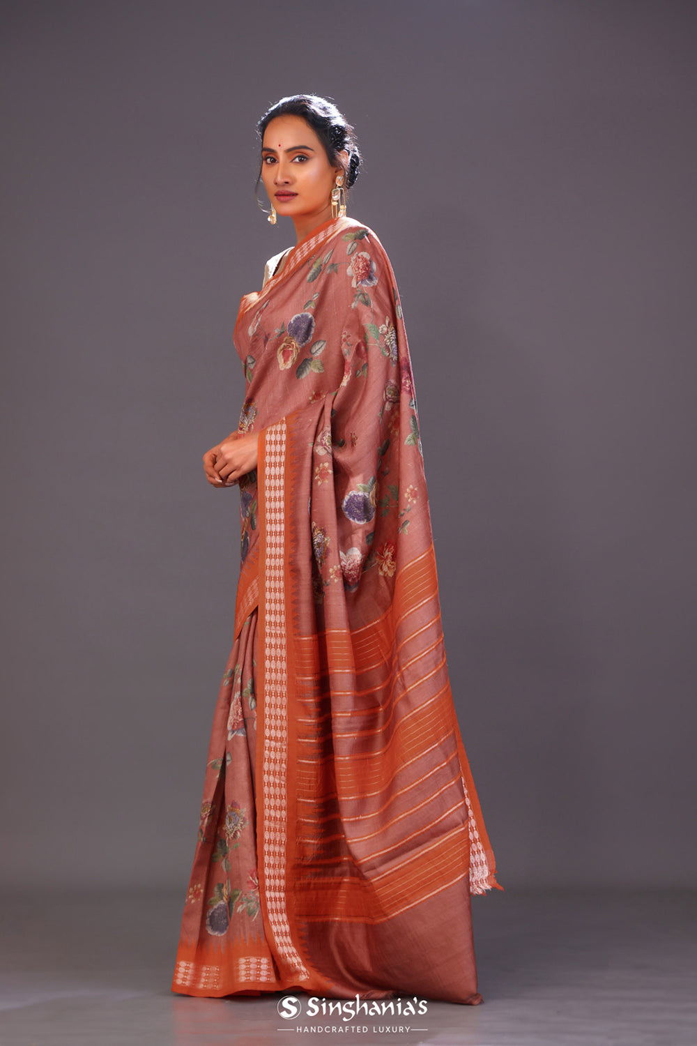 Chestnut Brown Printed Tussar Silk Saree