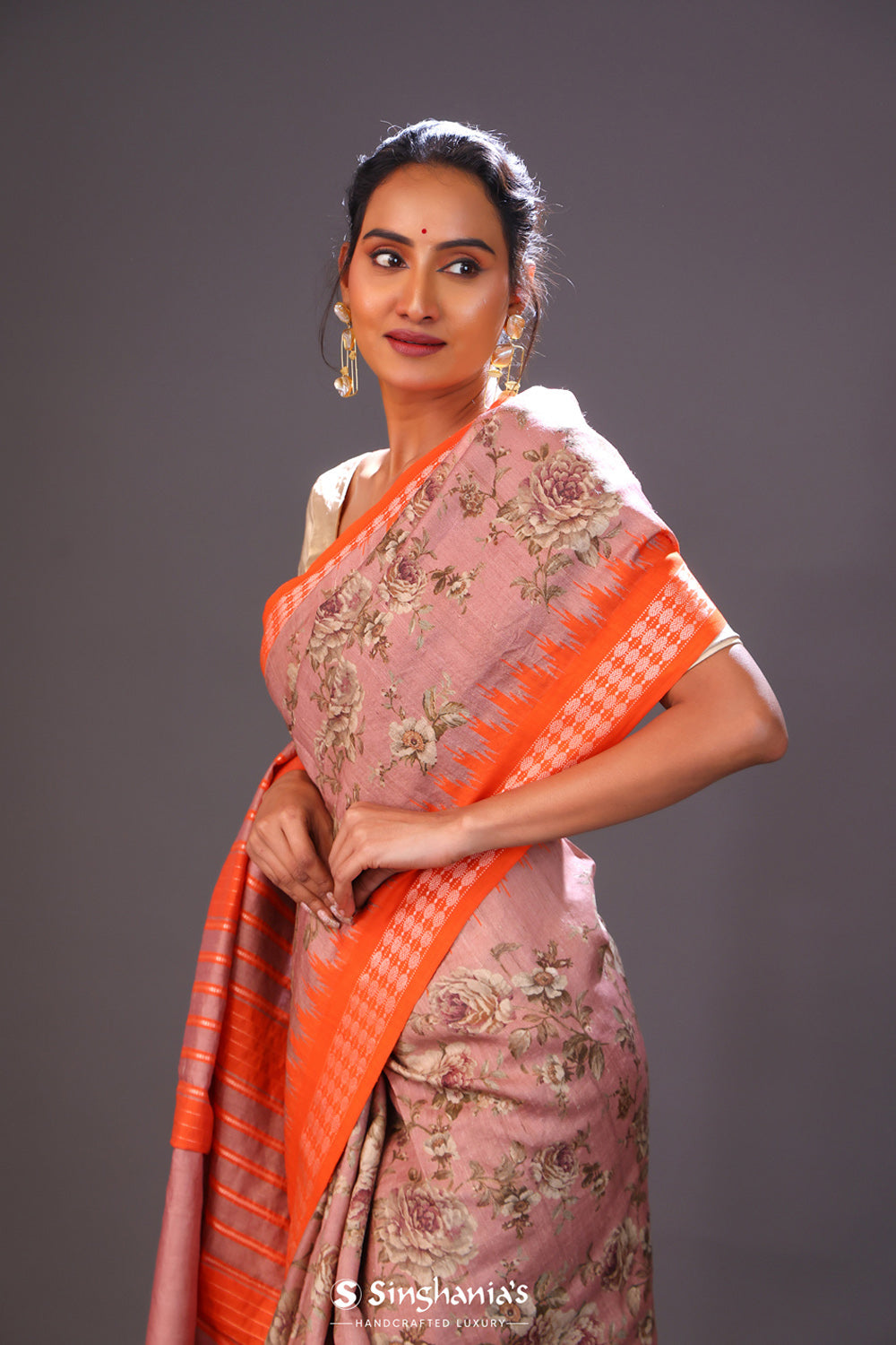 Chocolate Brown Printed Tussar Silk Saree