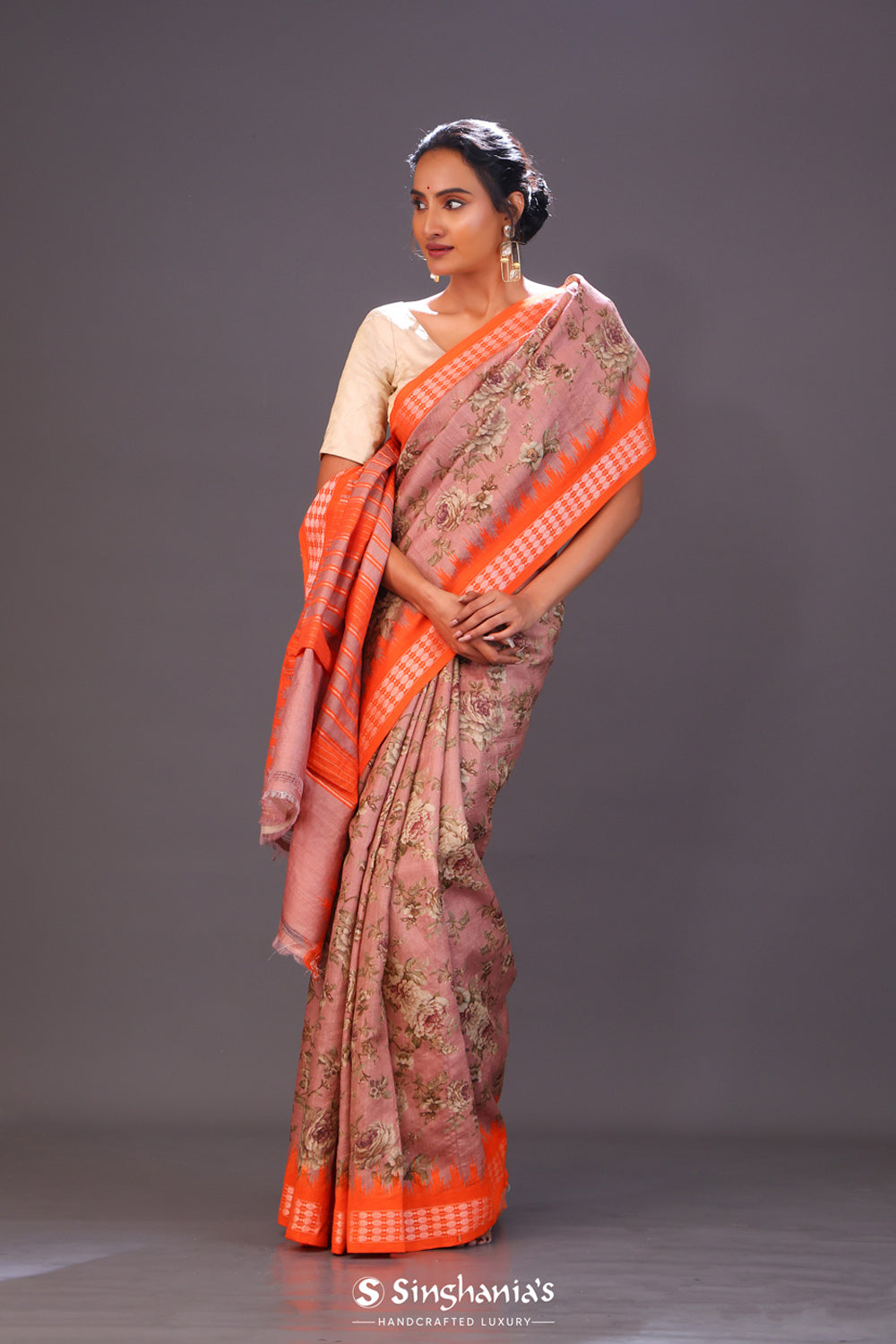 Chocolate Brown Printed Tussar Silk Saree