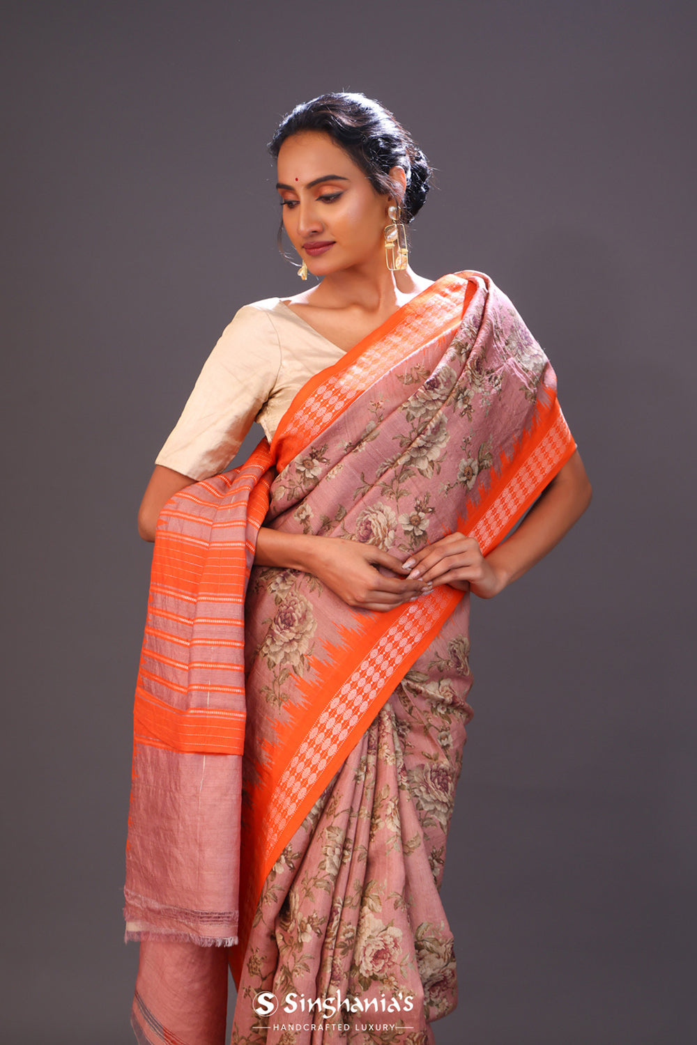 Chocolate Brown Printed Tussar Silk Saree