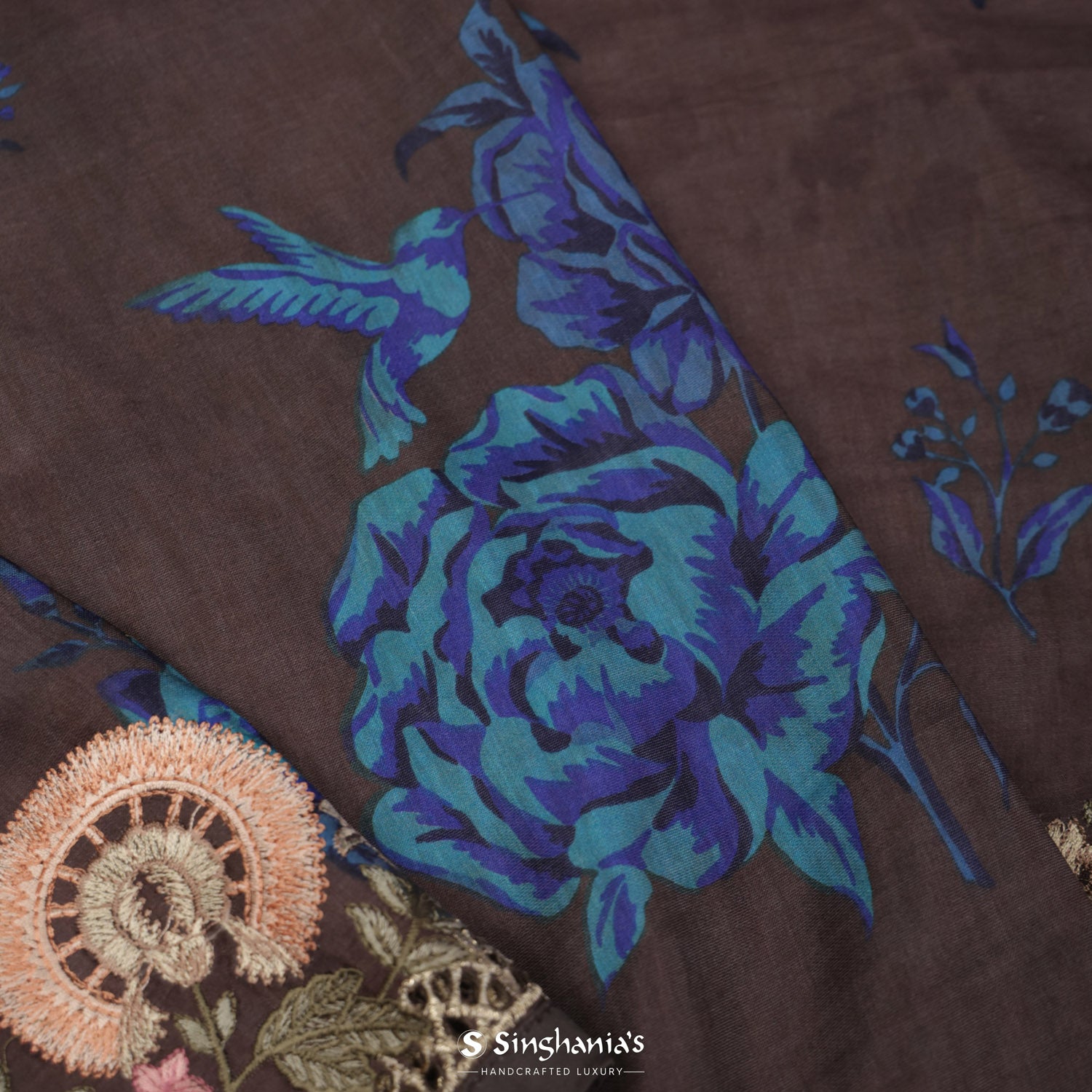 Brown Stone Satin Saree With Printed Floral Pattern And Embroidery