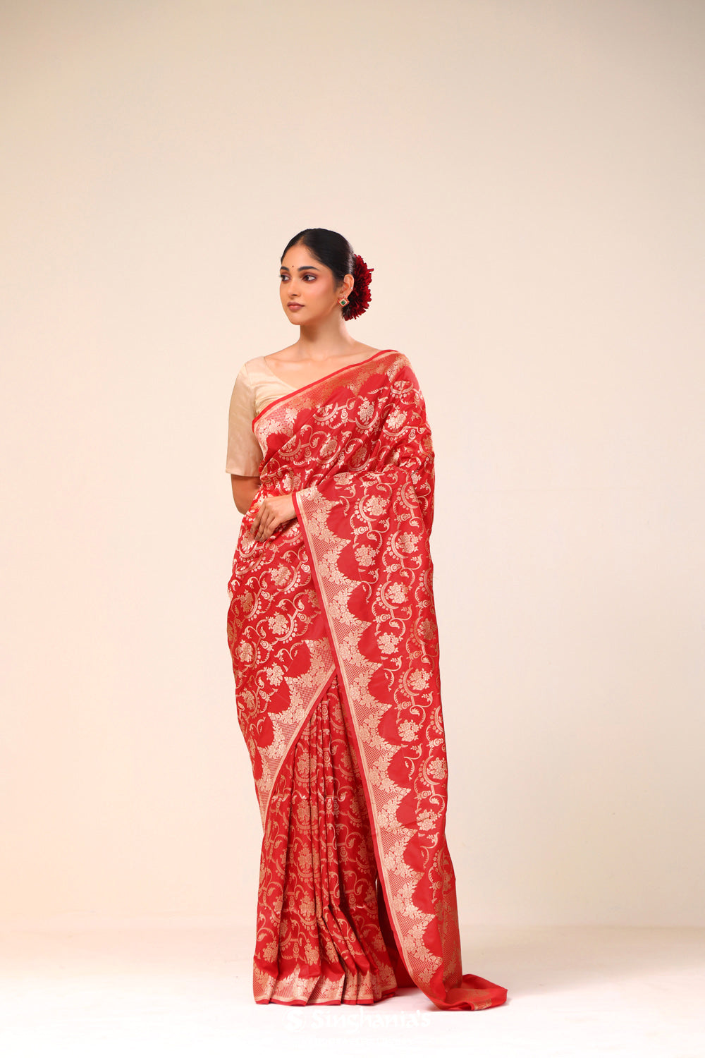 Raspberry Red Chiniya Banarasi Silk Saree