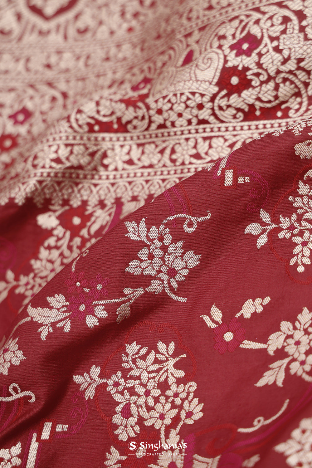 Maroon Pink Banarasi Silk Saree With Floral Design