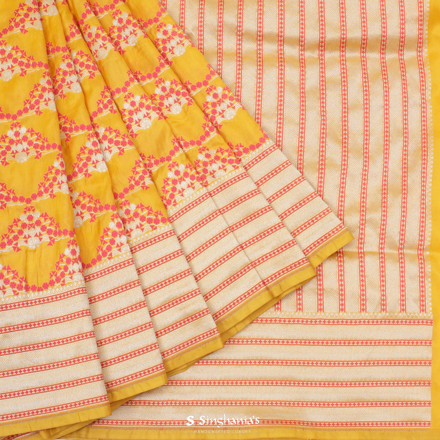Honey Yellow Banarasi Saree With Meenakari Floral Zari Weaving