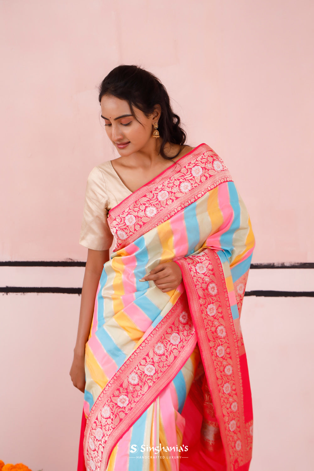 Pink Multicolour Banarasi Silk Saree With Zari Stripes Weaving