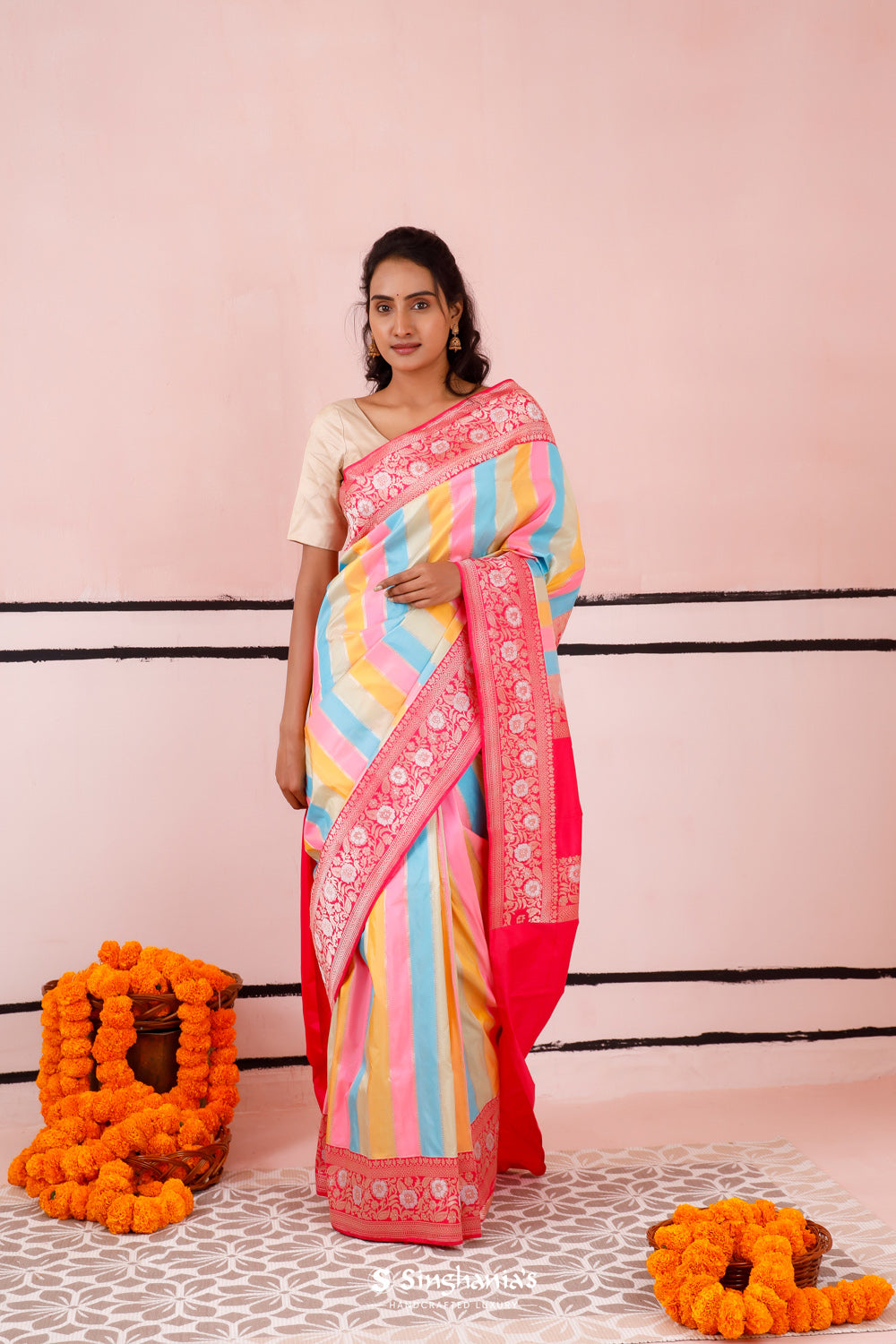 Pink Multicolour Banarasi Silk Saree With Zari Stripes Weaving