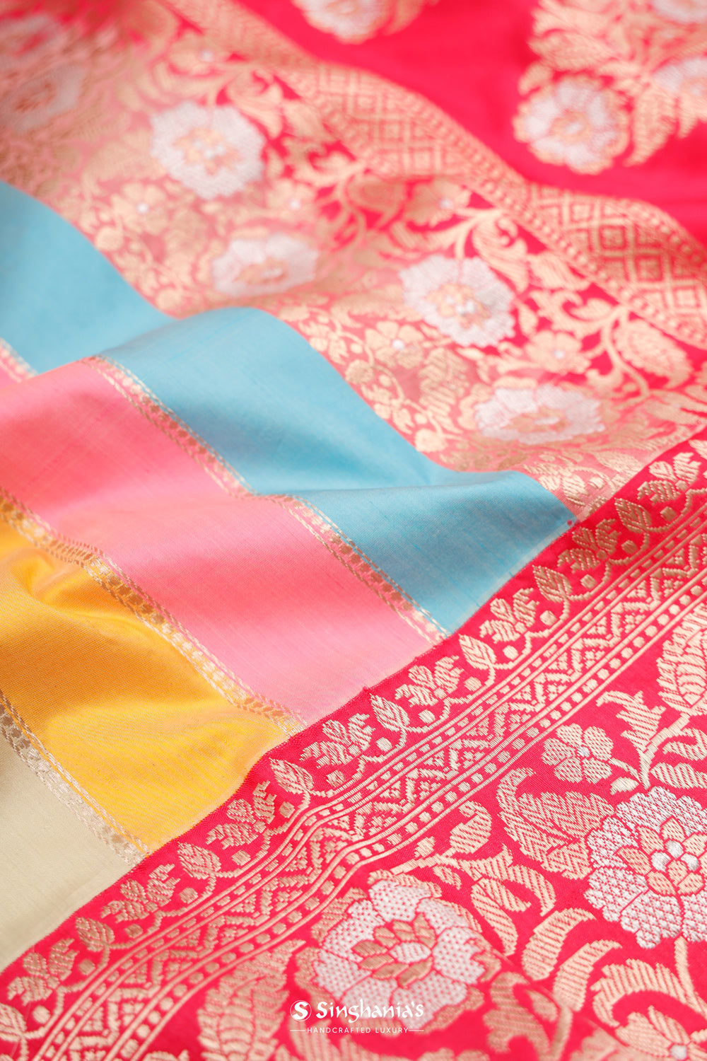 Pink Multicolour Banarasi Silk Saree With Zari Stripes Weaving