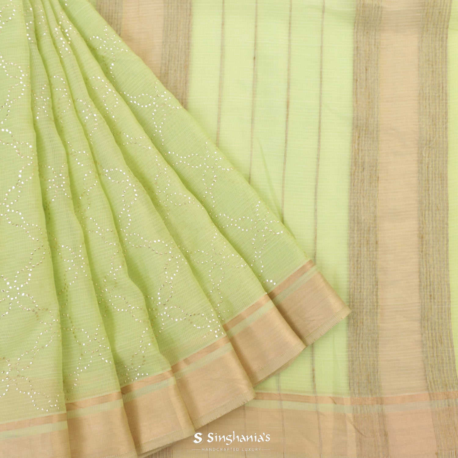 Pale Green Kota Silk Saree With Mukaish Work