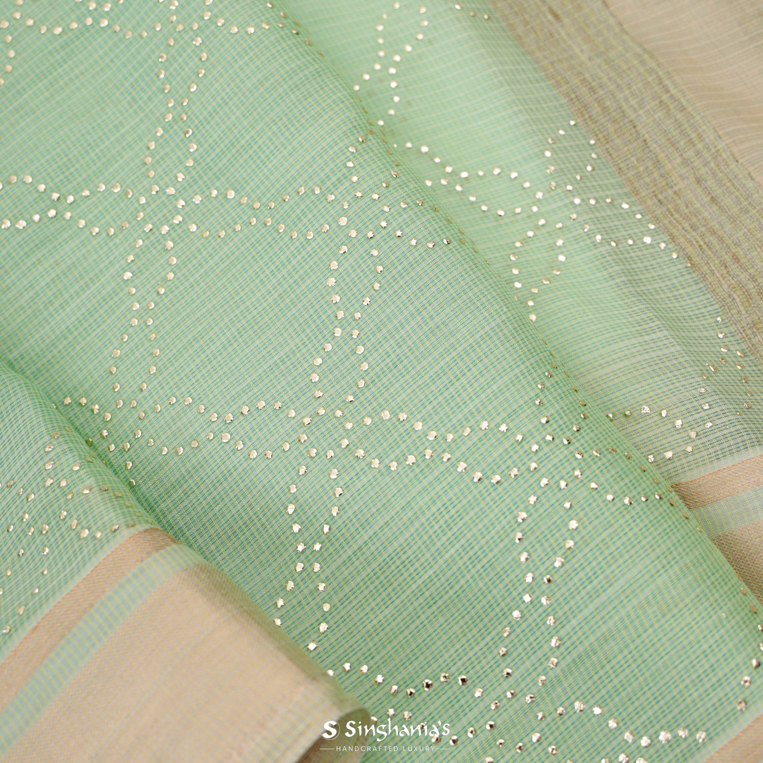 Celadon Green Kota Silk Saree With Mukaish Work In Floral Grid Pattern