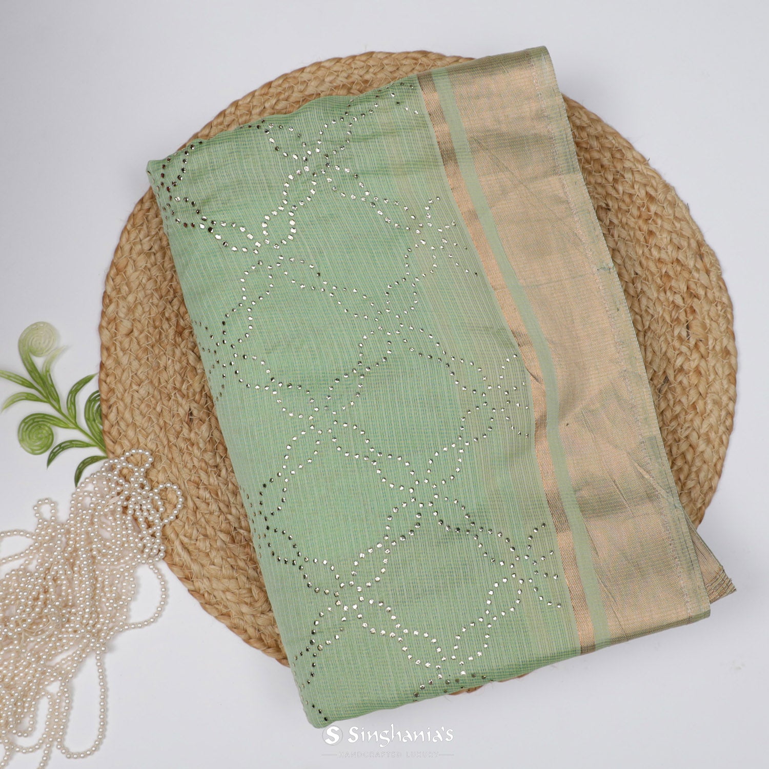 Celadon Green Kota Silk Saree With Mukaish Work In Floral Grid Pattern