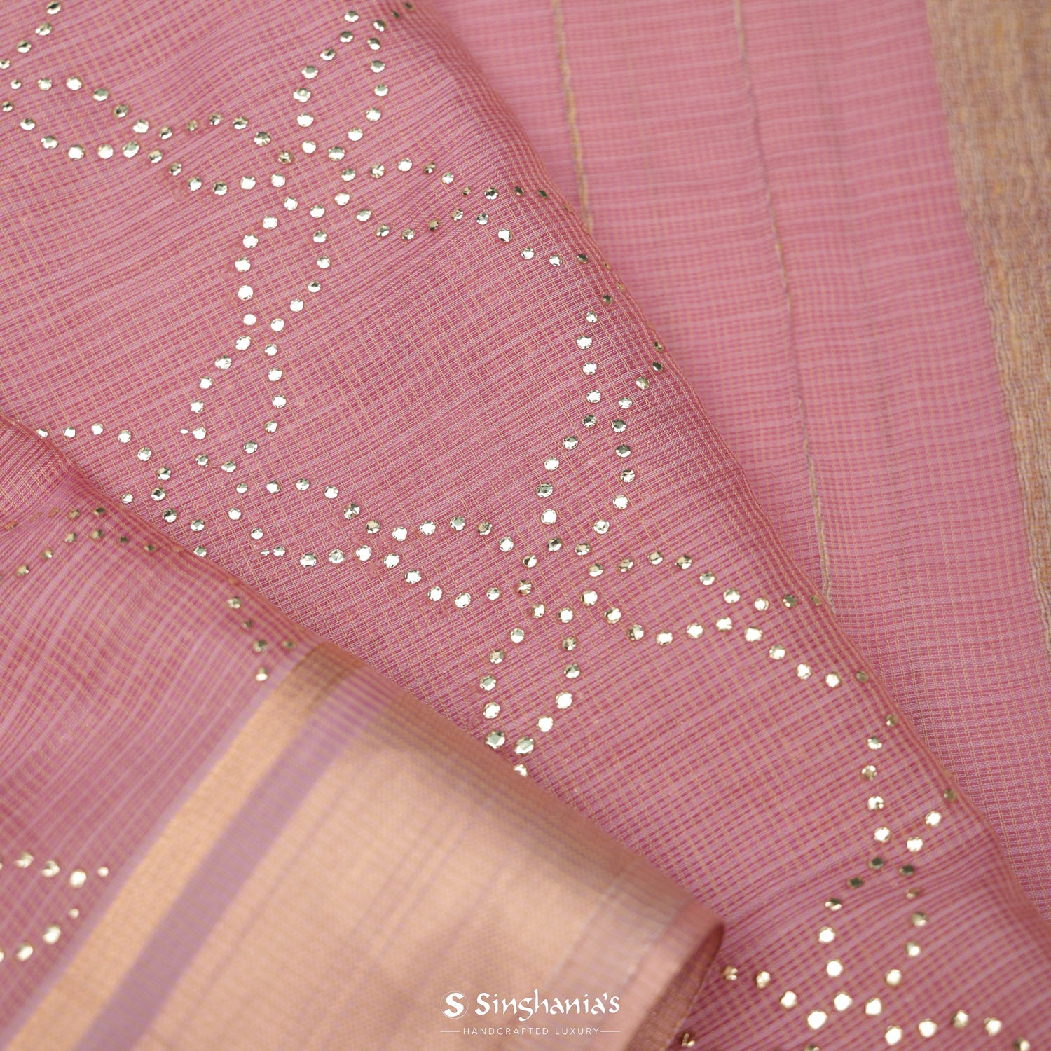 Light Pink Kota Silk Saree With Mukaish Work In Floral Pattern