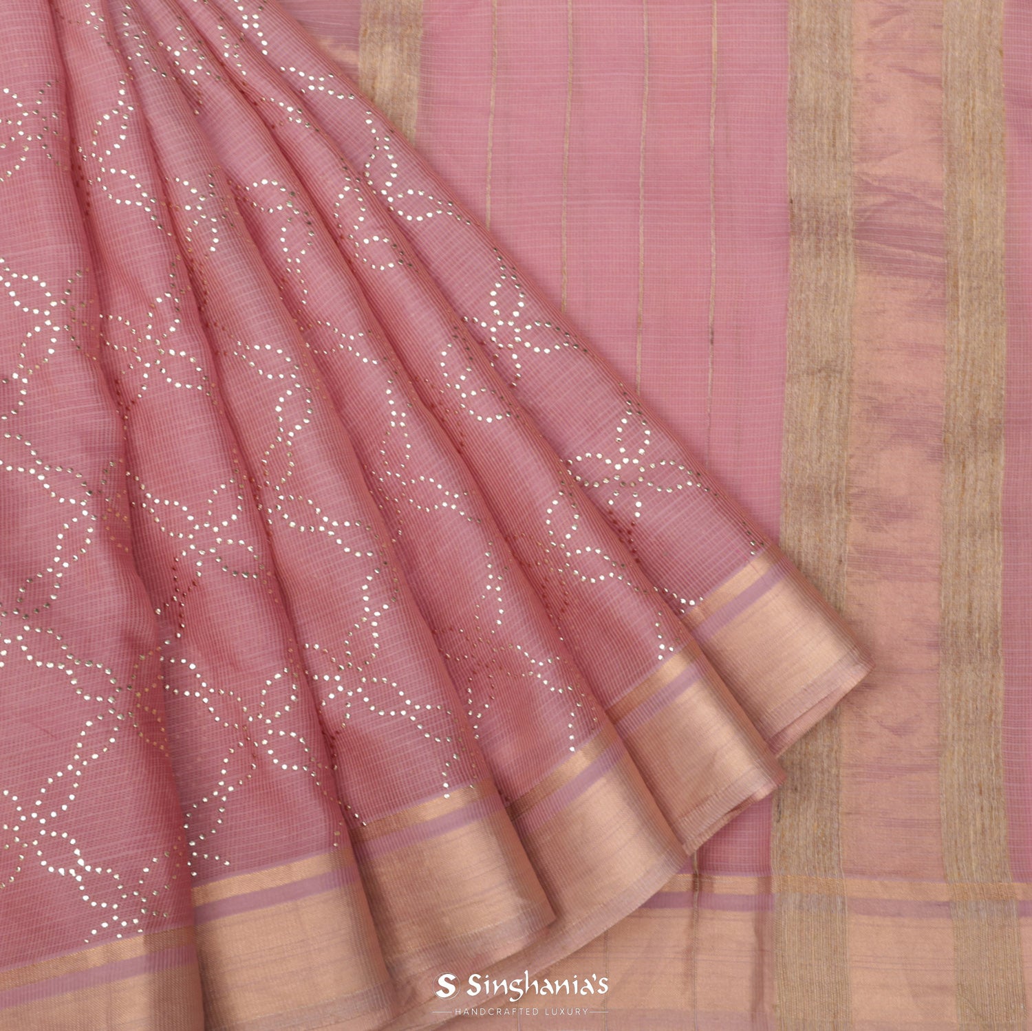 Light Pink Kota Silk Saree With Mukaish Work In Floral Pattern