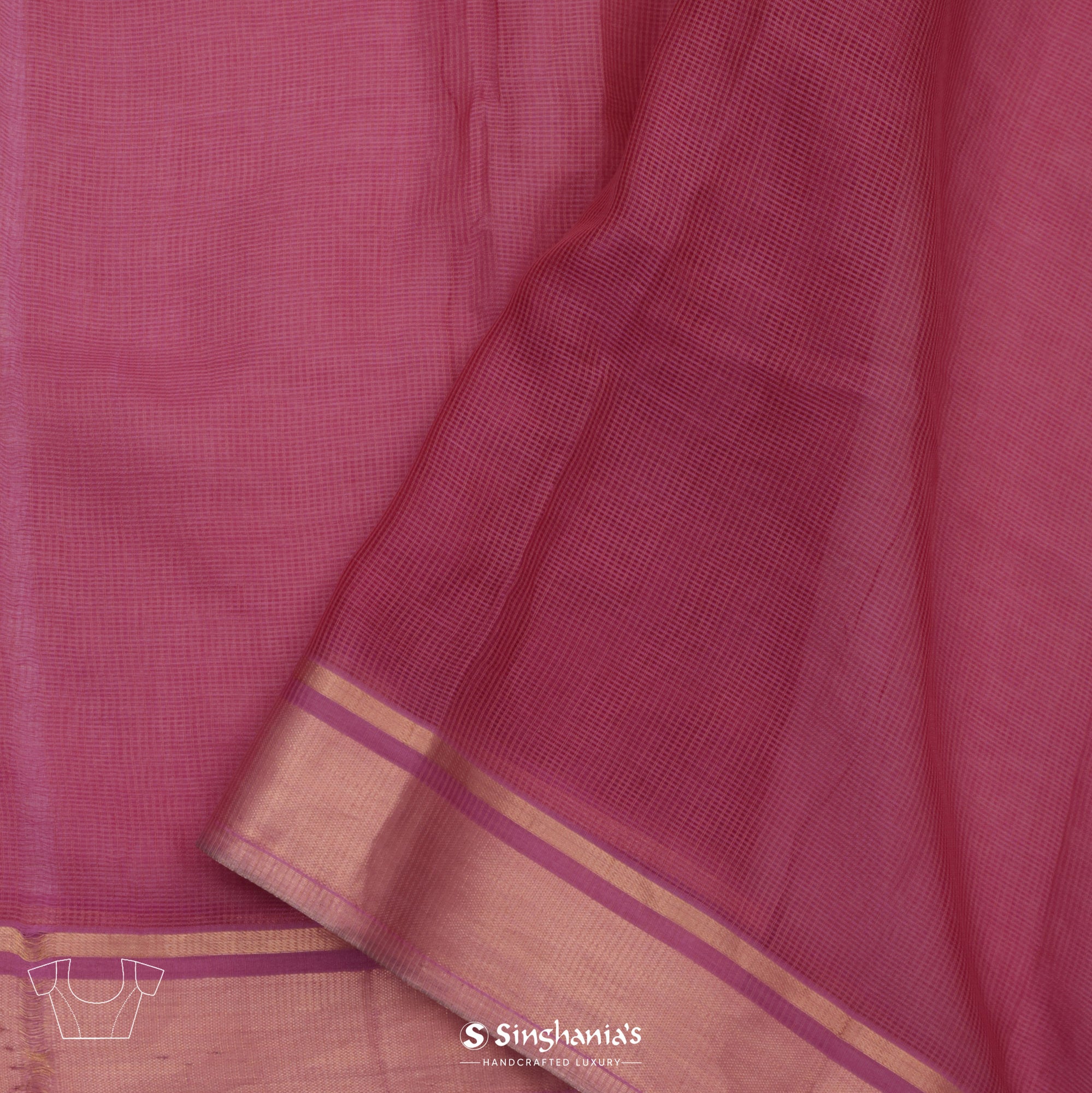 Rouge Pink Kota Silk Saree With Mukaish Work In Grid Pattern