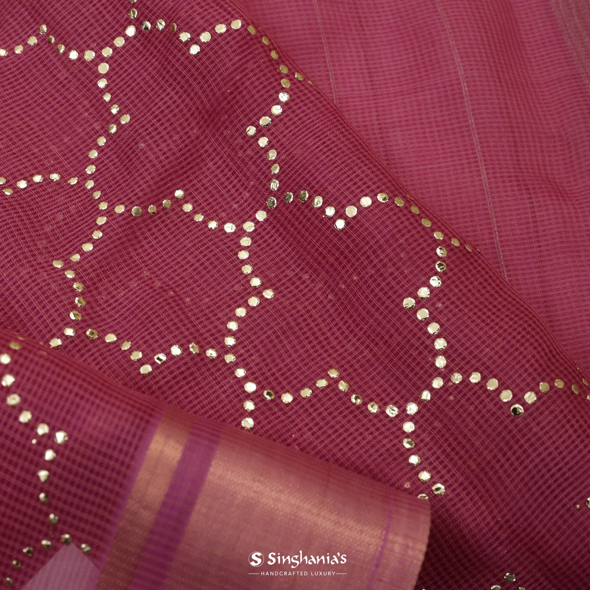 Rouge Pink Kota Silk Saree With Mukaish Work In Grid Pattern