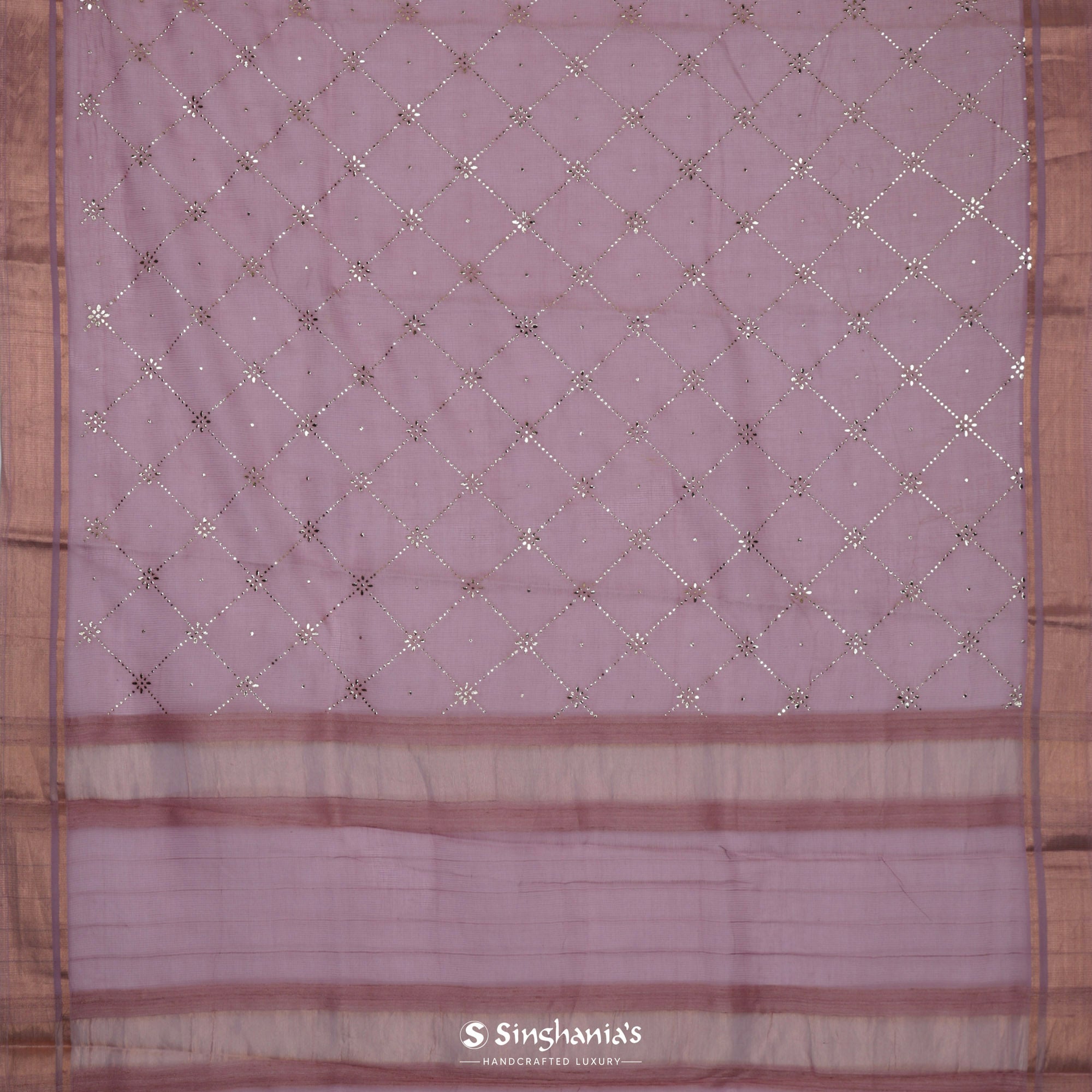 Light Pink Kota Silk Saree With Mukaish Work In Grid Pattern