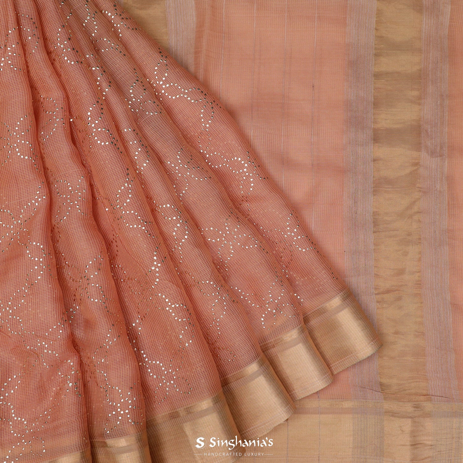 Dark Salmon Pink Kota Silk Saree With Mukaish Work In Floral Grid Pattern