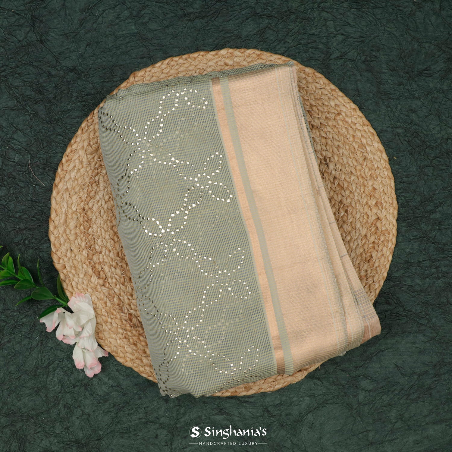 Laurel Green Kota Silk Saree With Mukaish Work In Floral Pattern