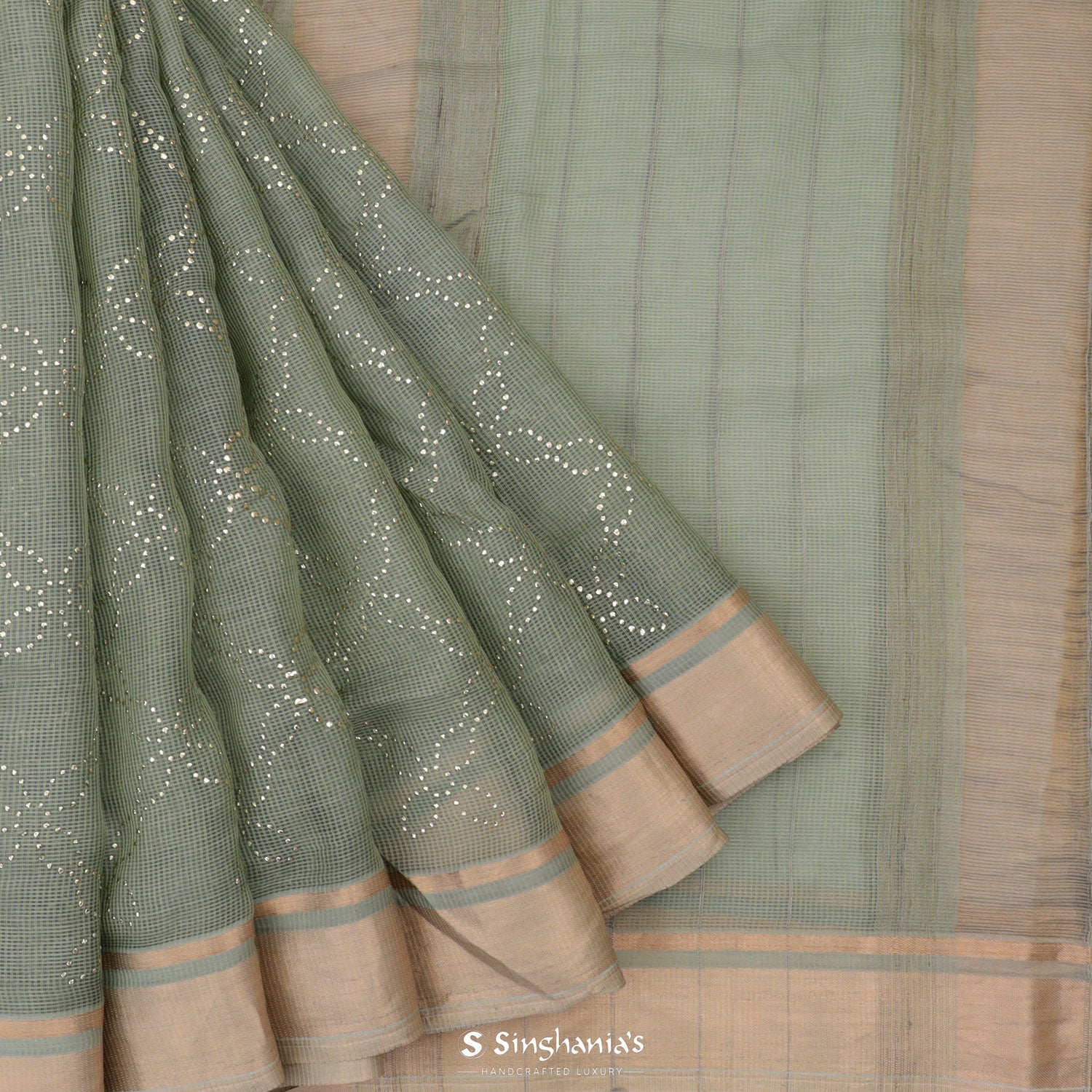 Camouflage Green Kota Silk Saree With Mukaish Work In Floral Pattern