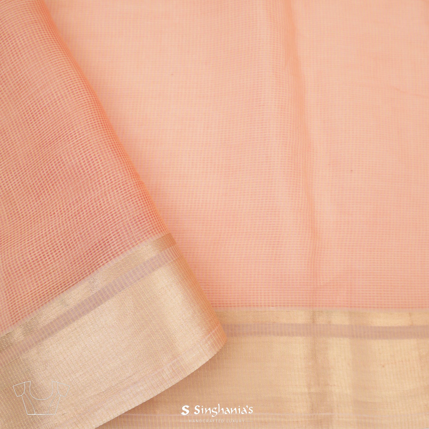 Peach Orange Kota Silk Saree With Mukaish Work In Geometrical Pattern