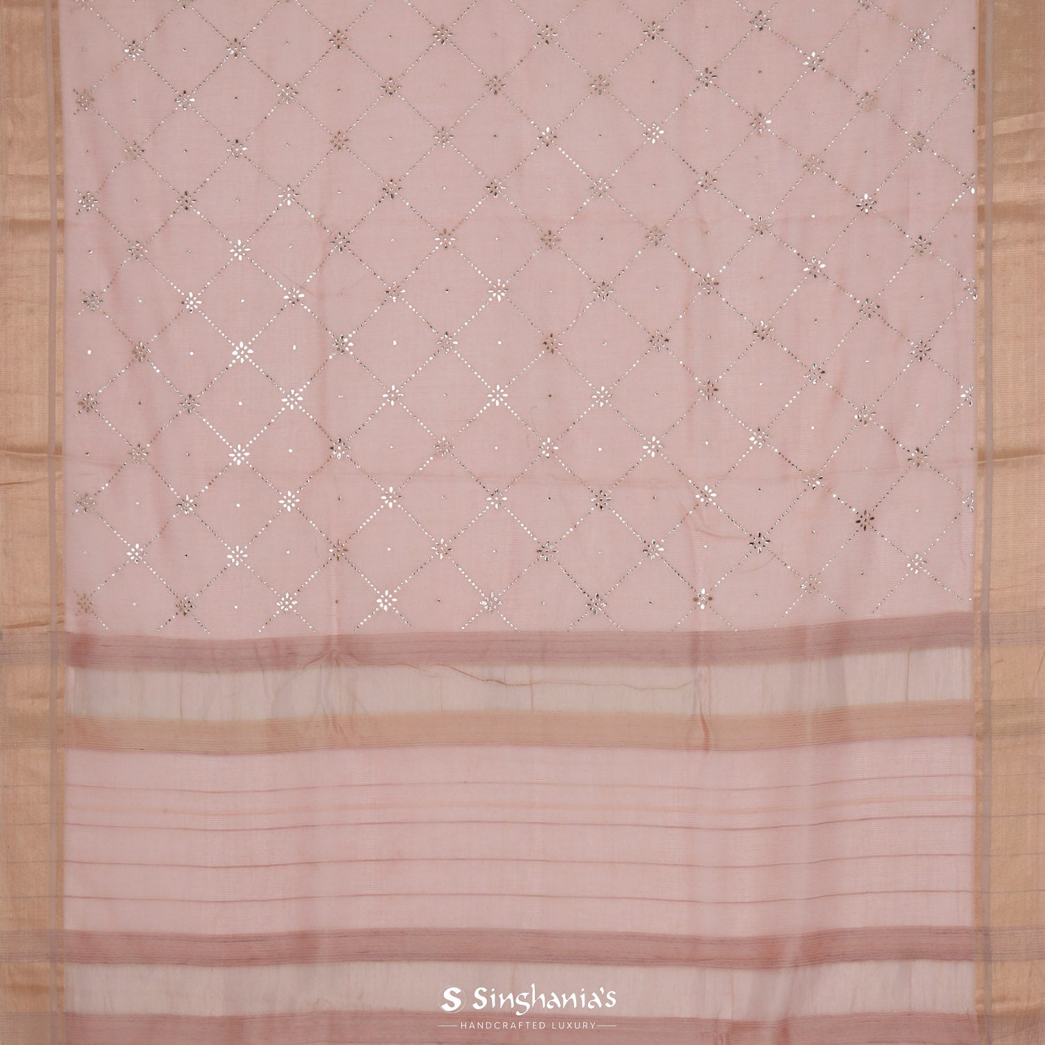 Peach Orange Kota Silk Saree With Mukaish Work In Geometrical Pattern