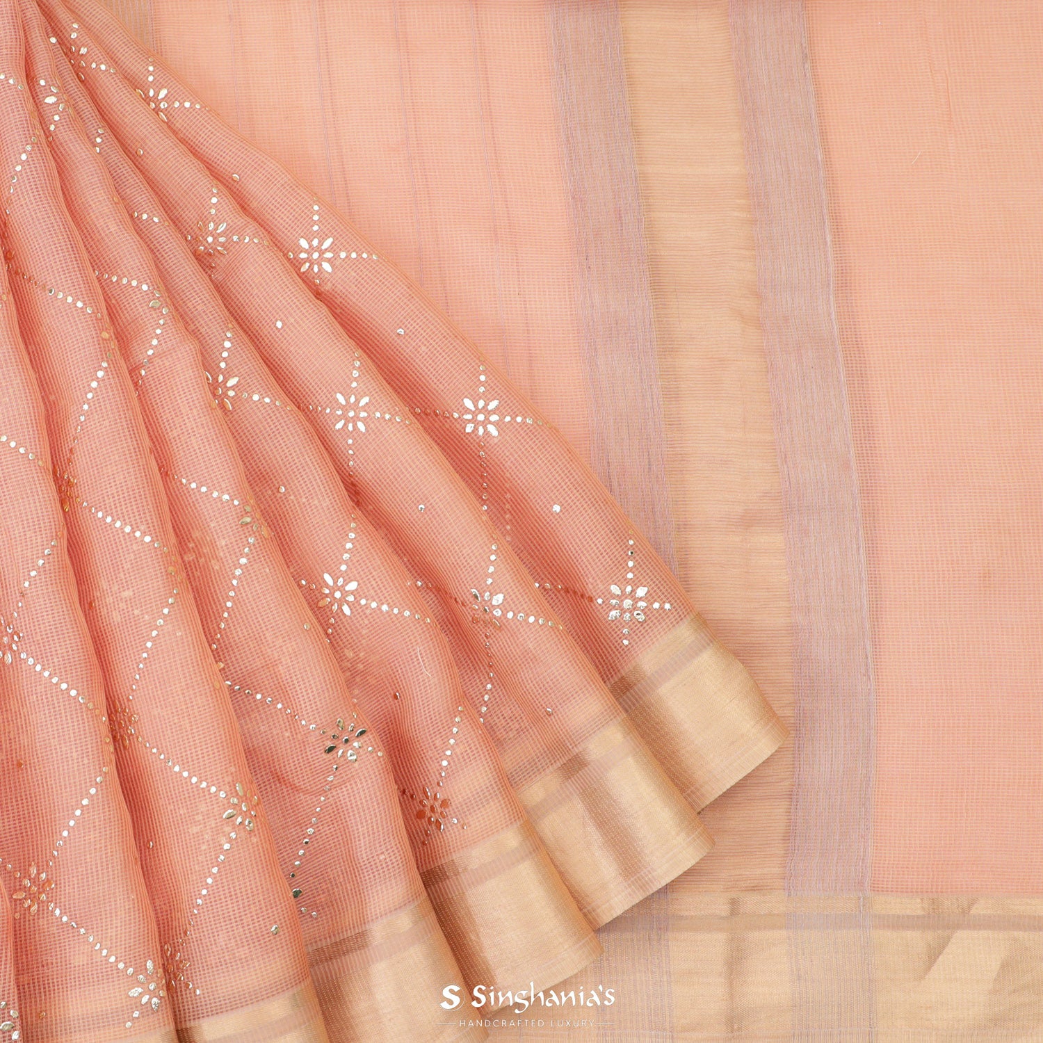 Peach Orange Kota Silk Saree With Mukaish Work In Geometrical Pattern