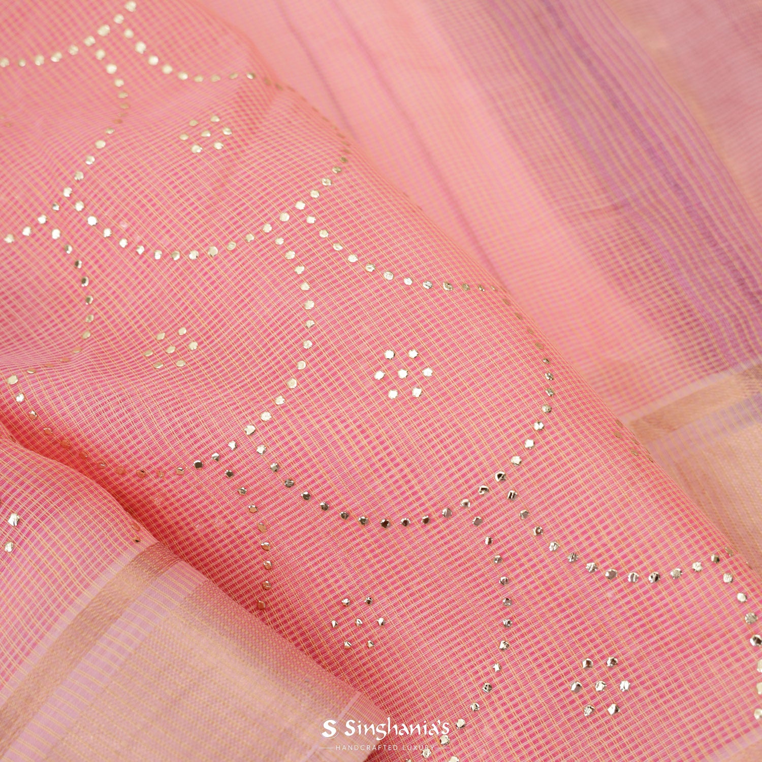 Pastel Pink Kota Silk Saree With Mukaish Work In Grid Pattern
