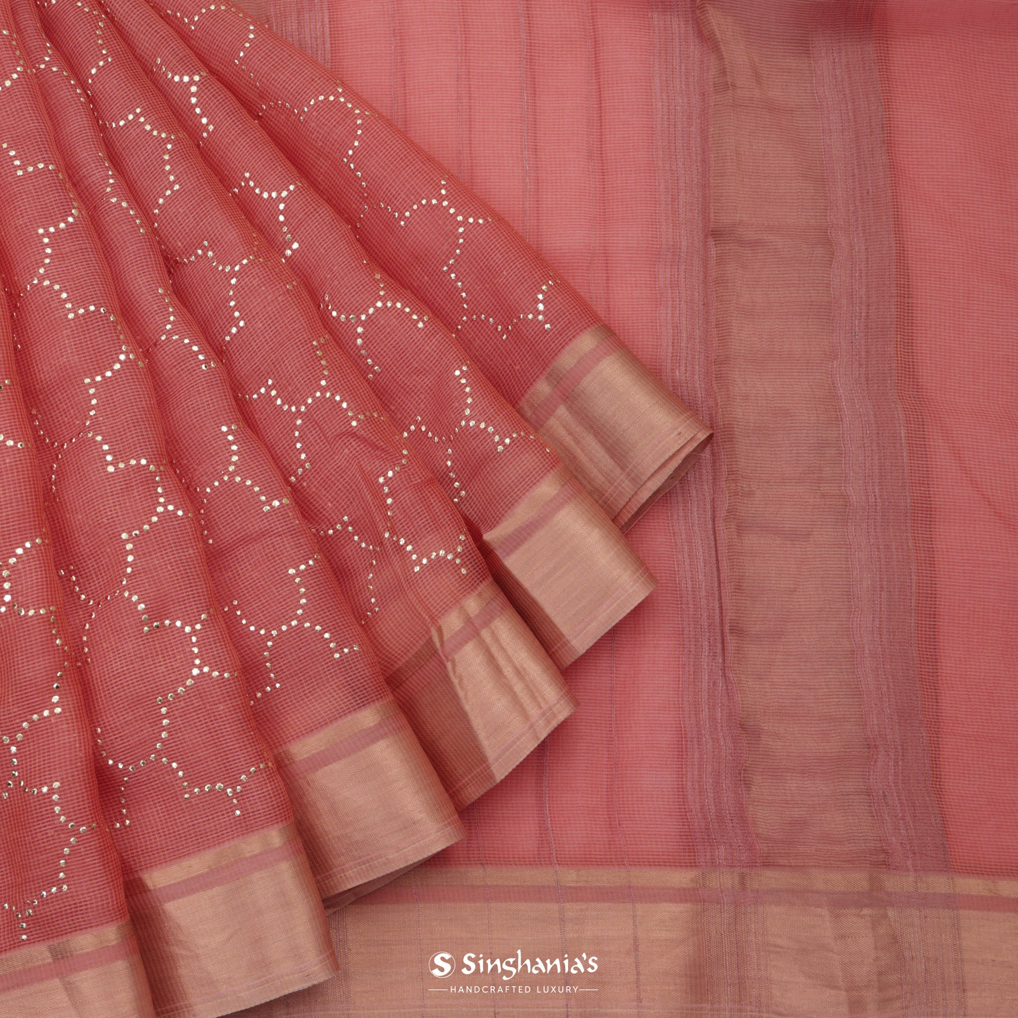 Sea Pink Kota Silk Saree With Mukaish Work In Grid Pattern