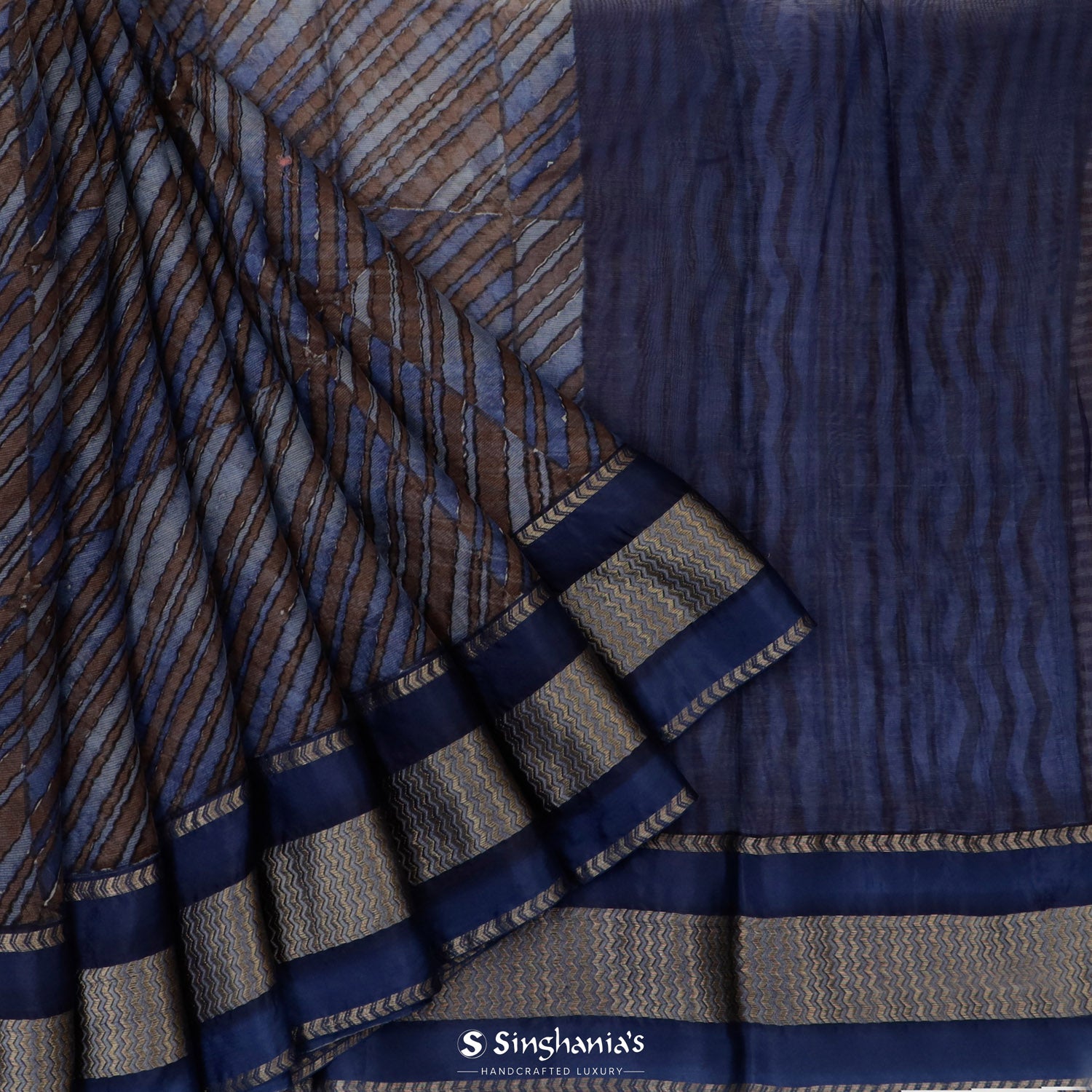Blue Yonder Printed Maheshwari Saree With Checks And Stripes Pattern