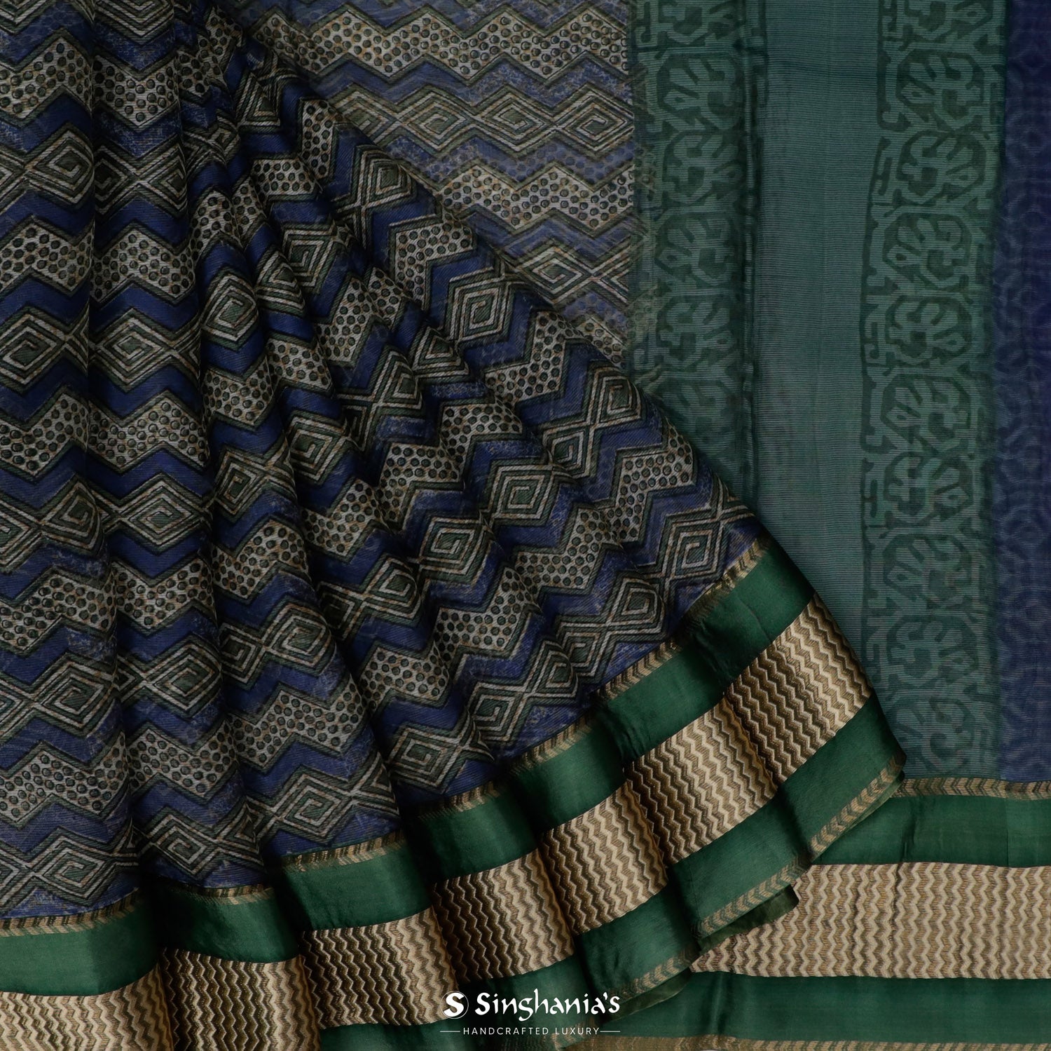 Duke Blue Printed Maheshwari Saree With Floral Pattern