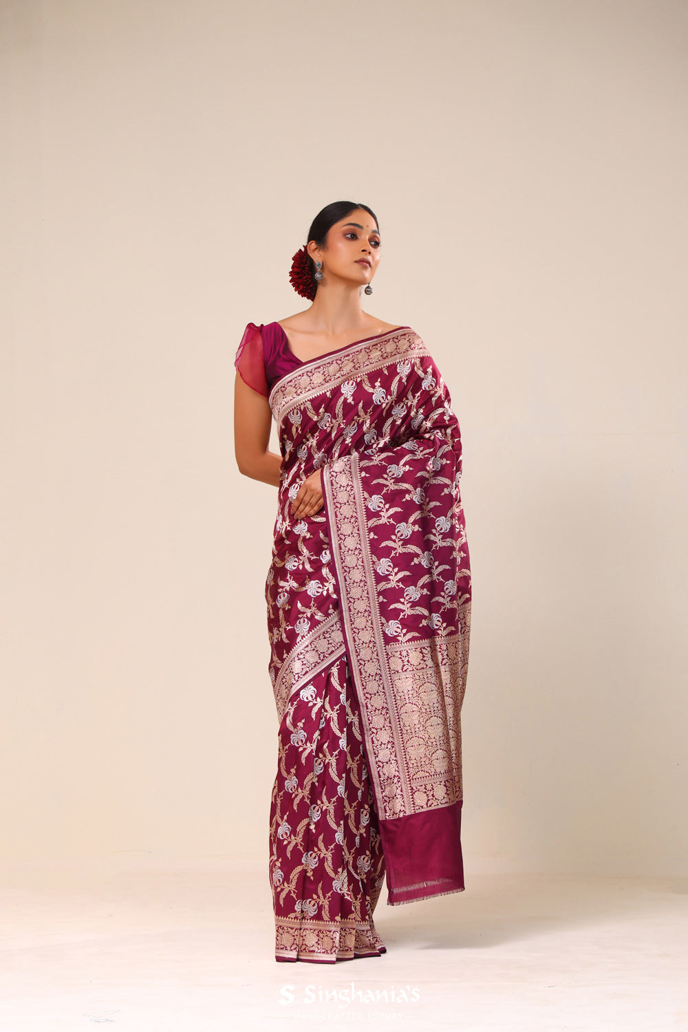 Deep Maroon Floral Banarasi Silk Saree