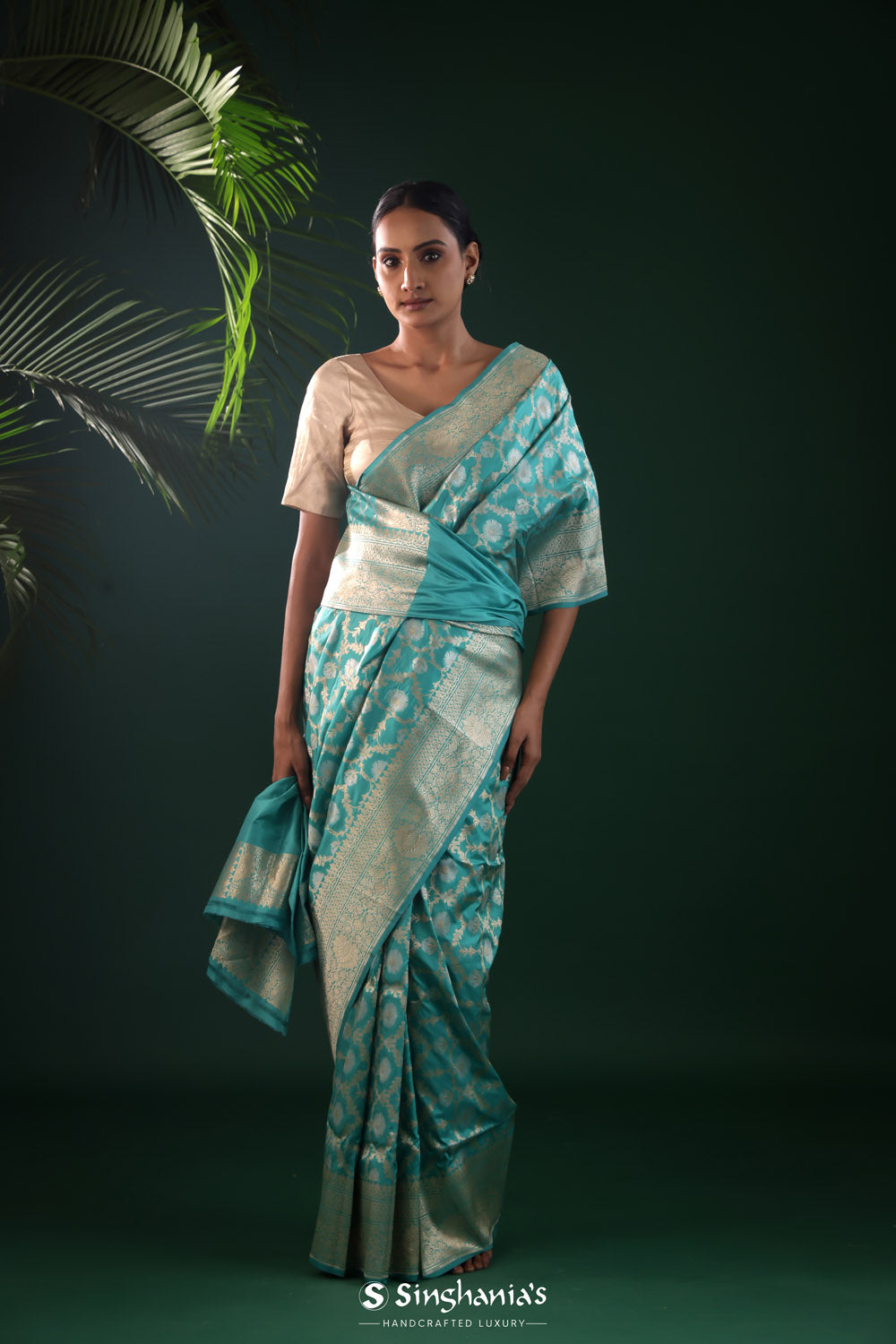 Robin Blue Banarasi Silk Saree With Gold And Silver Zari Details