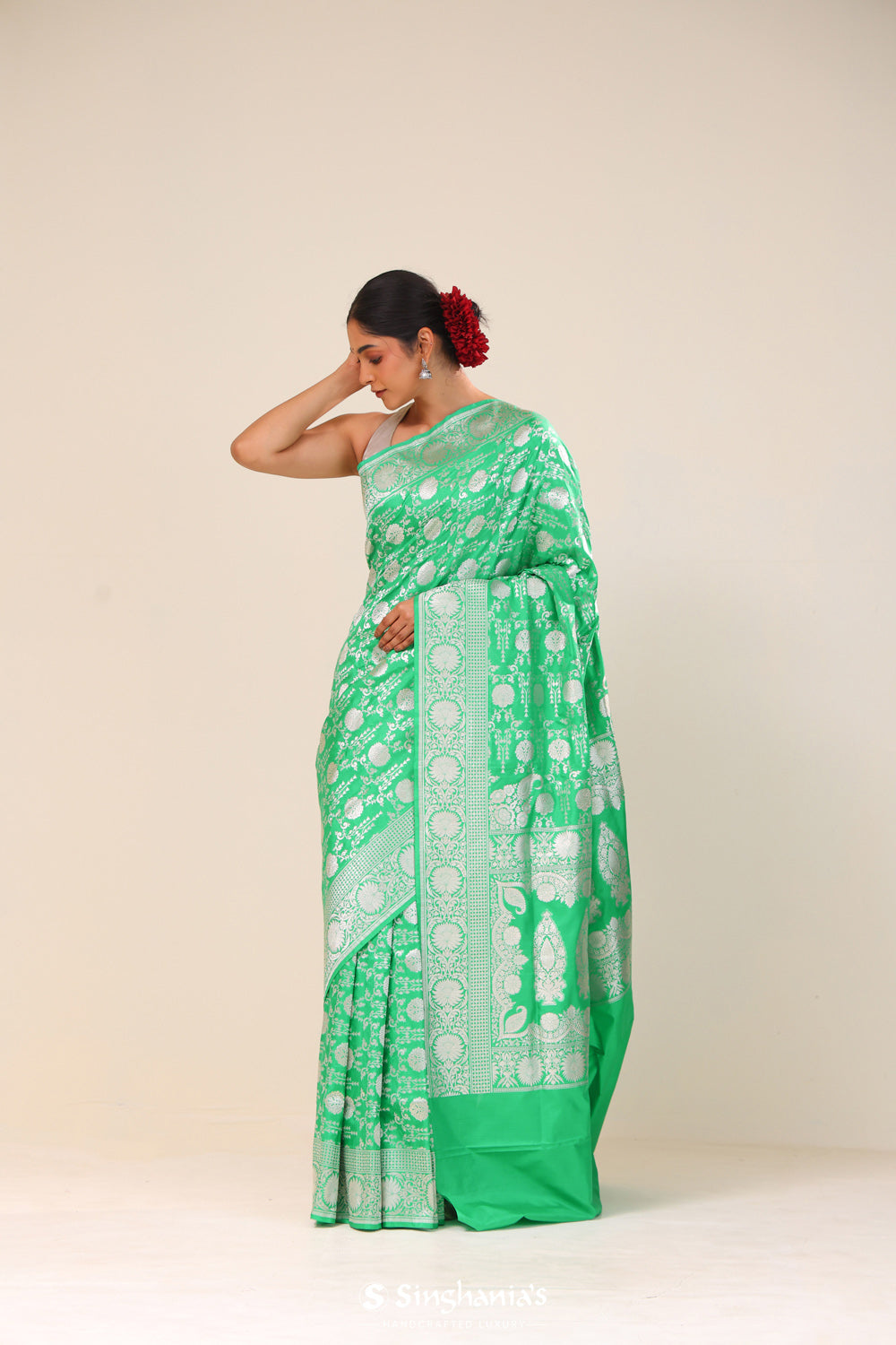 Pantone Green Chiniya Banarasi Silk Saree