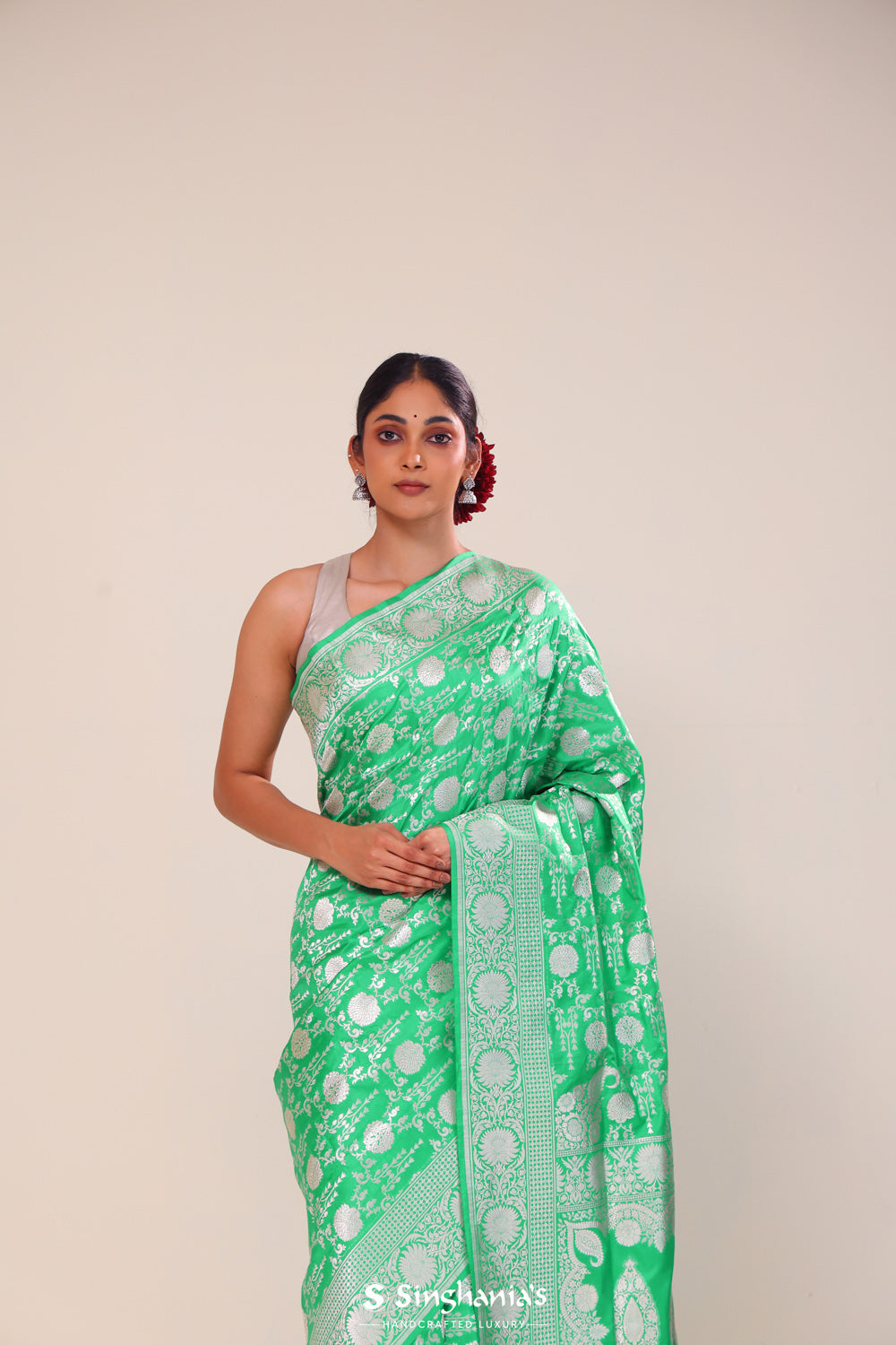 Pantone Green Chiniya Banarasi Silk Saree