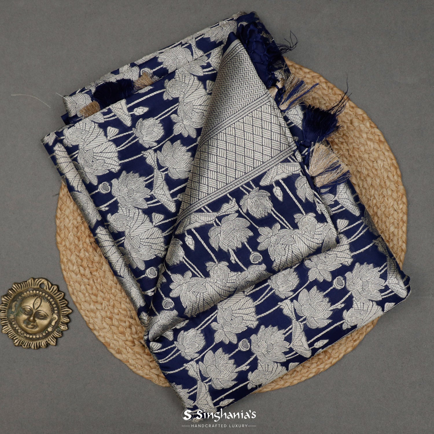Dark Navy Blue Banarasi Silk Saree With Floral Butti Pattern