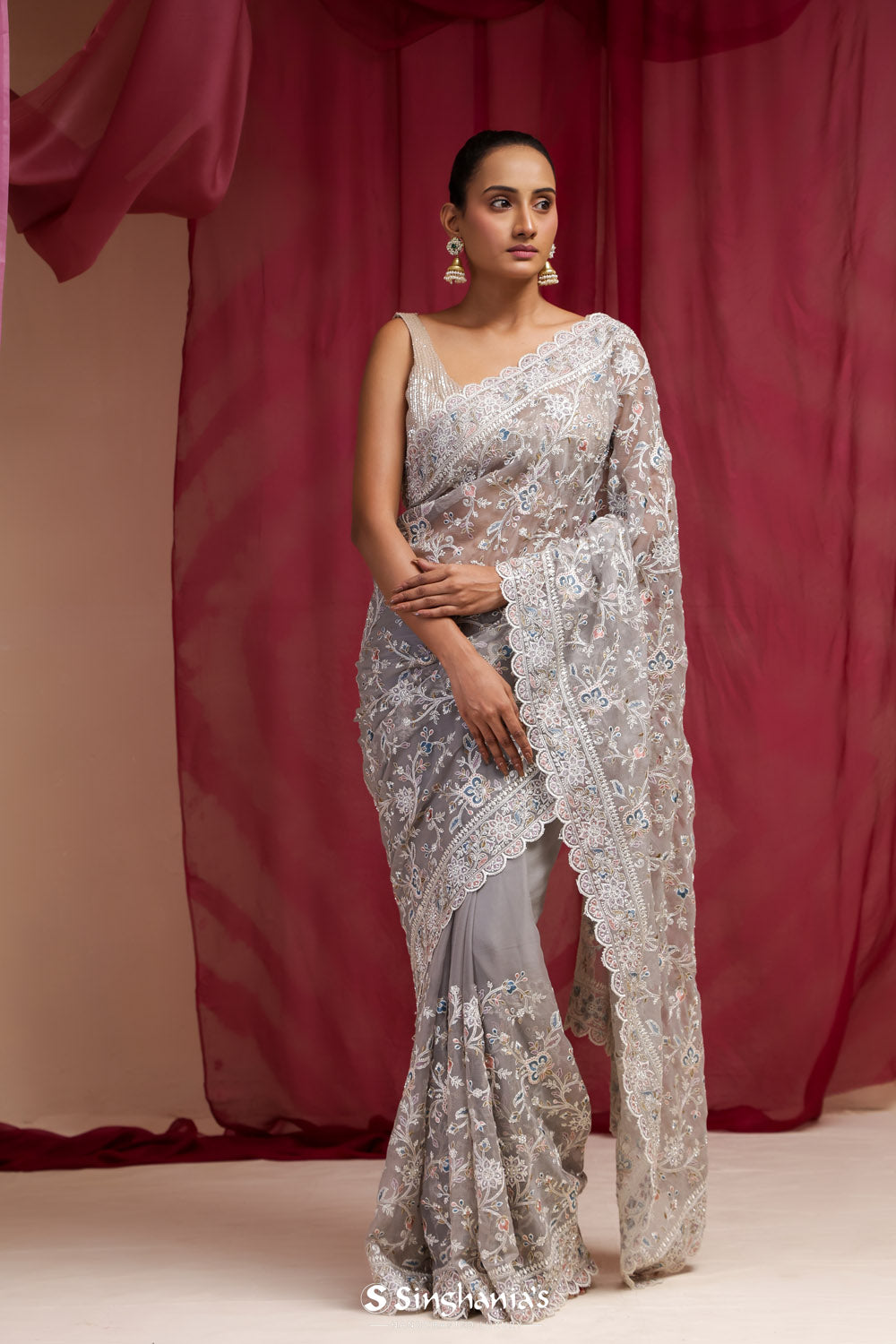 Medium Grey Organza Saree With Hand Embroidery