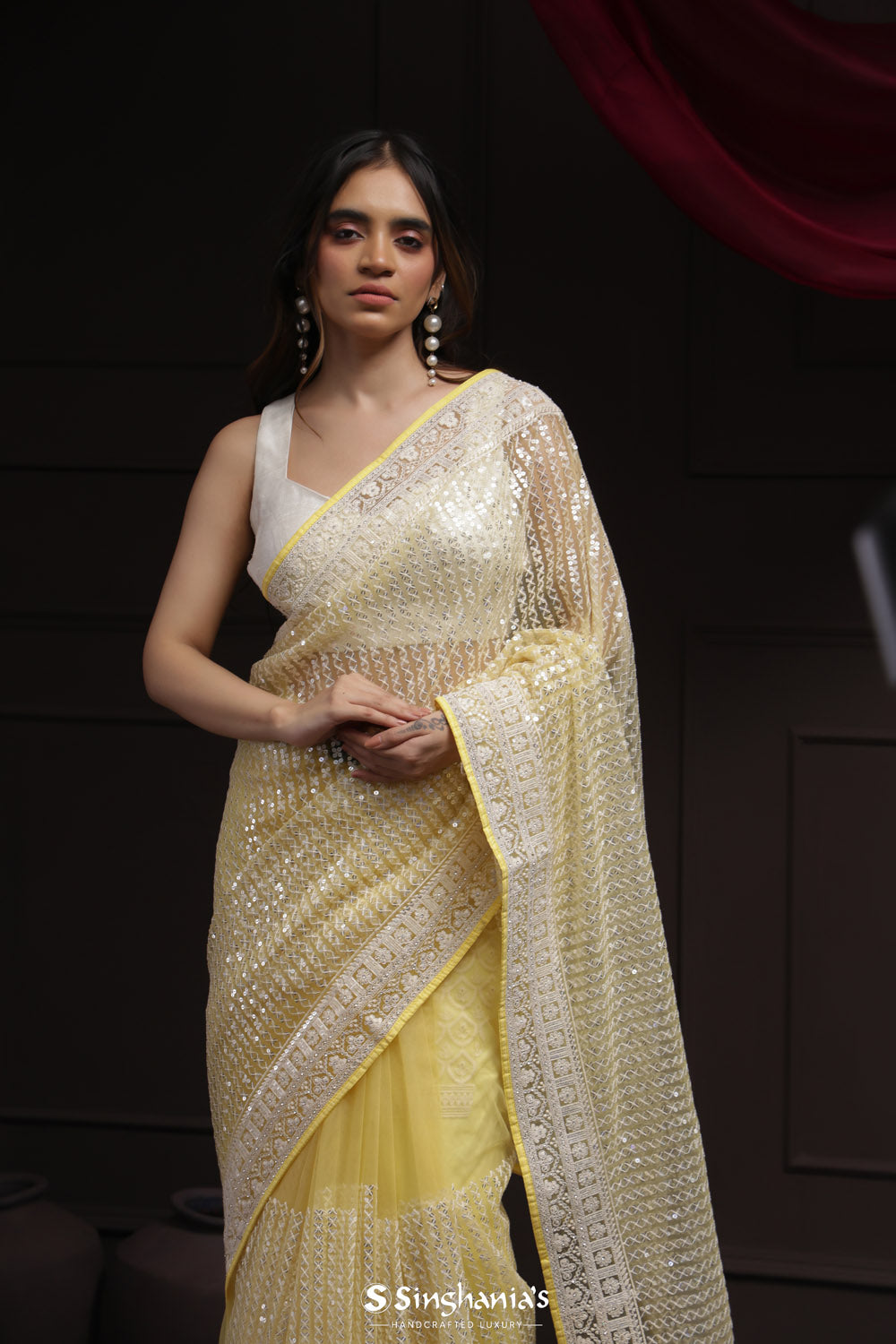 Butter Yellow Net Designer Saree With Sequin Embroidery