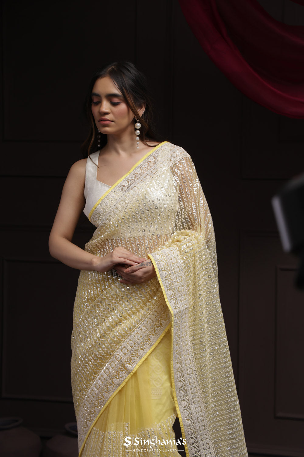 Butter Yellow Net Designer Saree With Sequin Embroidery